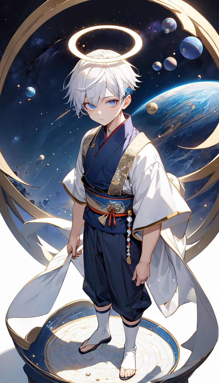 Fresh illustration,
Ultra-fine drawing,
Very delicate illustration,
Very fine details,
One boy,
Full body,
Standing motionless,
Both arms slightly bald,
Height 158cm,
Fair skin,
Right eye is purple,
Left eye is blue,
Odd eyes,
Heterochromie iris,
Beautiful eyes,
Large black pupils,
Short hair,
Blue roots and white hair elsewhere,
Hair with a gradient,
Shiny hair,
Cute face,
Pretty face,
A shining angel halo on the back of the head,
Raised eyebrows,
Upper body in kimono,
Upper body in traditional Japanese clothing,
Masculine build,
Six pack,
Very small breasts,
No breasts,
Lower body in Chinese dress,
Black obi,
Overall white clothes,
Tastefully embroidered with gold thread ,
Clothes with a high-quality texture,
Jock straps,
Thigh straps,
Thigh straps digging into the skin,
White long boots,
Japanese-style toes,
Number of fingers and toes: 5,
Thin waist,
Thin legs,
Isometric,
Golden ratio,
Divine atmosphere,
Wearing an indigo-colored stand-up collared inner,
Outer space,
Galaxy,
Countless small stars,
Tactical use of shadows,
Hairbands on head and hair do not extend beyond the frame,
Clothes do not extend beyond the frame,