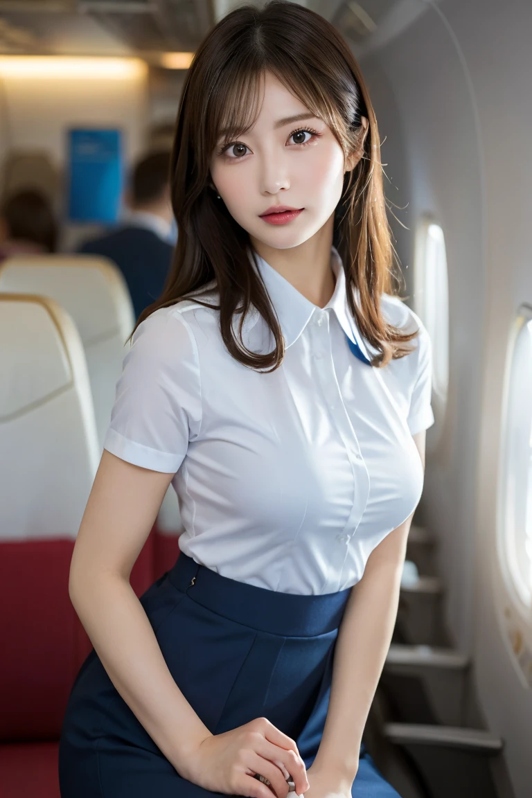 Highest quality,masterpiece,Ultra-high resolution,(Actual:1.4),Original photo,Ultra-high resolution,8k,There are also women,Fair skin、Navy blue stewardess costume with short skirt,,High heels,Long legs:1.5,Bright and beautiful,high waist,Flashy makeup using red eyeshadow,In the cabin of an aircraft,