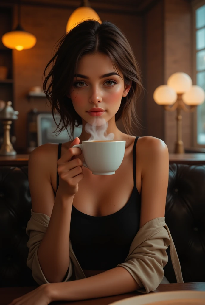 Make victoria look like shes drinking a coffe with aesthetic lighting