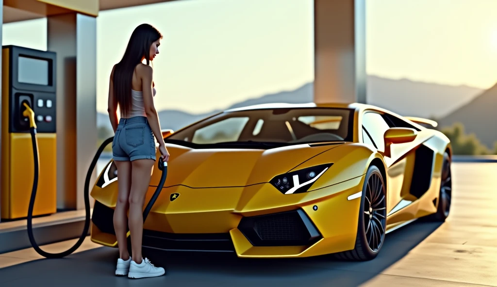 CREATE AN ULTRAREALISTIC IMAGE showing a life-size Lamborghini and a golden FERRARI, with women leaning against cars, LINDA PARKED NEXT TO GOLD BARS and dollars next to it, rubies and emeralds, convey depth, IN THE BACKGROUND A BEAUTIFUL MANSION with modern architecture, WITH 3 elegant WOMEN with sinuous curves and dressed in tight, short dresses. NEXT TO THE FERRARI A HAPPY, HANDSOME YOUNG WIZARD IN BLUE CLOTHES AND FULL OF JEWELS, PERFECT WIZARD HANDS WITH 5 FINGERS. Emphasize richness and sensuality