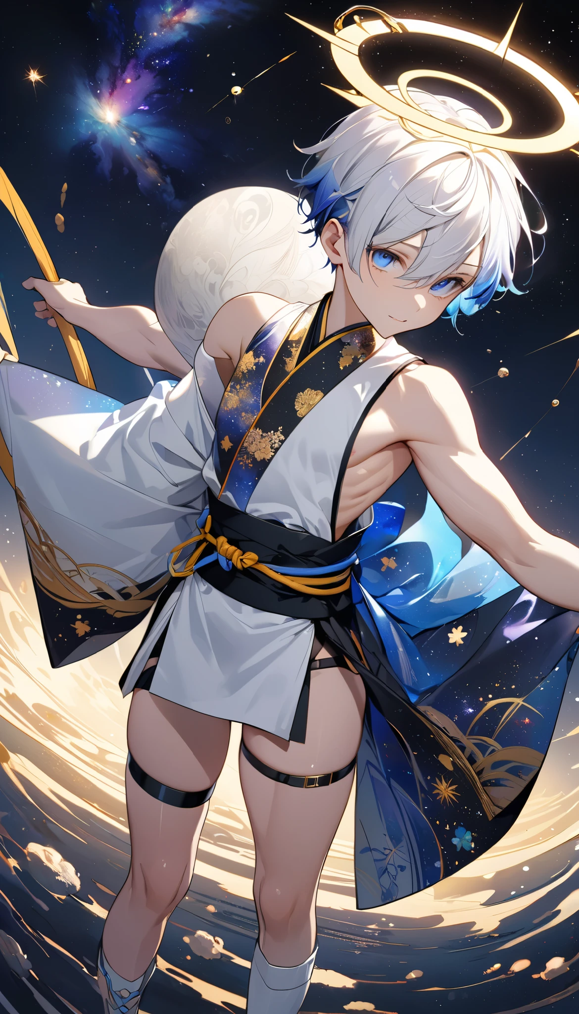 Fresh illustration,
Ultra-fine drawing,
Very delicate illustration,
Very fine details,
One boy,
Full body,
Standing motionless,
Both arms slightly bald,
Height 158cm,
Fair skin,
Right eye is purple,
Left eye is blue,
Odd eyes,
Heterochromie iris,
Beautiful eyes,
Large black pupils,
Short hair,
Blue roots and white hair elsewhere,
Hair with a gradient,
Shiny hair,
Cute face,
Pretty face,
A shining angel halo on the back of the head,
Raised eyebrows,
Upper body in kimono,
Upper body in traditional Japanese clothing,
Masculine build,
Six pack,
Very small breasts,
No breasts,
Lower body in Chinese dress,
Black obi,
Overall white clothes,
Tastefully embroidered with gold thread ,
Clothes with a high-quality texture,
Jock straps,
Thigh straps,
Thigh straps digging into the skin,
White long boots,
Japanese-style toes,
Number of fingers and toes: 5,
Thin waist,
Thin legs,
Isometric,
Golden ratio,
Divine atmosphere,
Wearing an indigo-colored stand-up collared inner,
Outer space,
Galaxy,
Countless small stars,
Tactical use of shadows,
Hairbands on head and hair do not extend beyond the frame,
Clothes do not extend beyond the frame,