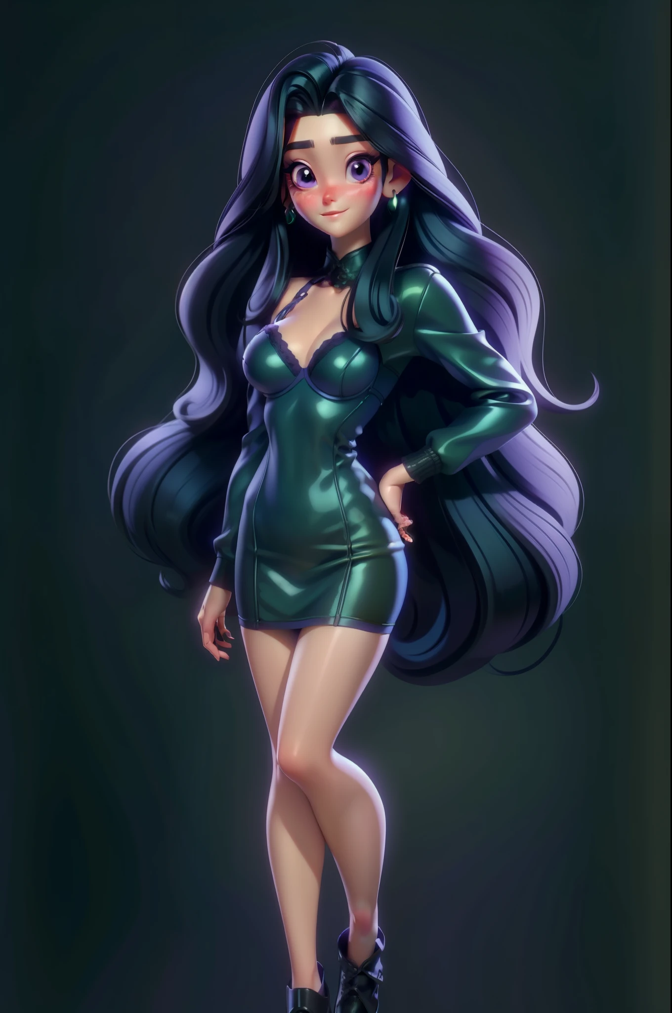  character.  with a full body, 3D style face,  sweet and delicate,  with long colored hair,chocolate,Short blue hair,underwear bra, purple eyes,Round metal earrings,Silent colors,ritsuko takahashi face, long hair, black hair, green shining on her hair, purple eyes((SFW))、(1.female、Alone)、ultra-realistic capture、very detailed、High resolution 16k human skin close-up、Skin texture must be natural、detailed：To the extent that pores can be clearly identified、skin looks healthy、Uniform color tone、use natural light and colors、((Full body photo shoot))、(bright background)、(natural pose)、(calm expression)、(soft lighting)、(realistic eyes)、(Exquisite makeup)、(long hair