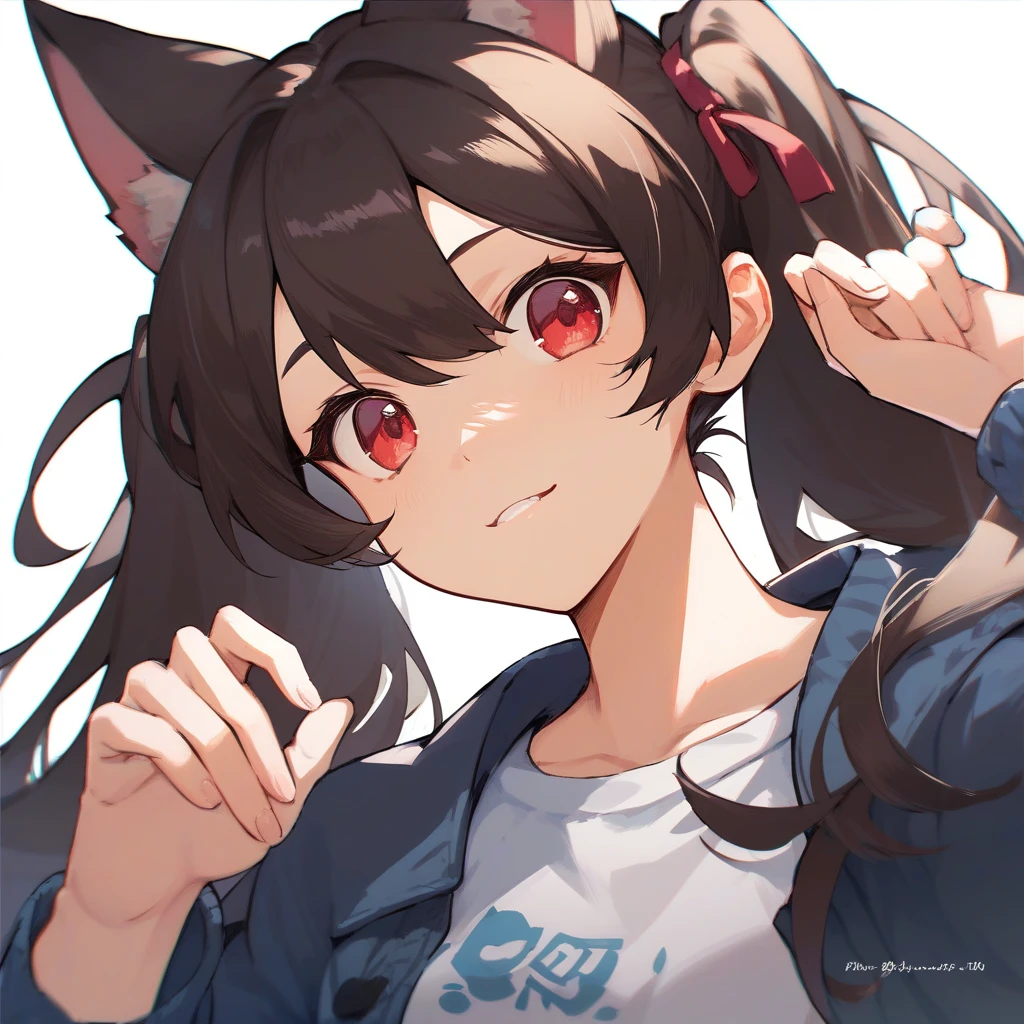 1girl, casual clothes, skirt, t-shirt, twintails, long hair, short sleeves, middle finger, indoors, room, evil grin, red eyes