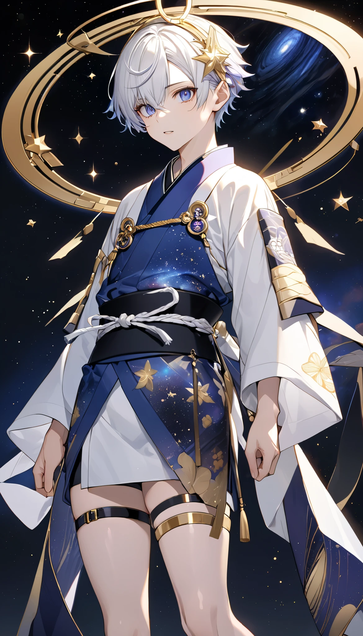 Fresh illustration,
Ultra-fine drawing,
Very delicate illustration,
Very fine details,
One boy,
Full body,
Standing motionless,
Both arms slightly bald,
Height 158cm,
Fair skin,
Right eye is purple,
Left eye is blue,
Odd eyes,
Heterochromie iris,
Beautiful eyes,
Large black pupils,
Short hair,
Blue roots and white hair elsewhere,
Hair with a gradient,
Shiny hair,
Cute face,
Pretty face,
A shining angel halo on the back of the head,
Raised eyebrows,
Upper body in kimono,
Upper body in traditional Japanese clothing,
Masculine build,
Six pack,
Very small breasts,
No breasts,
Lower body in Chinese dress,
Black obi,
Overall white clothes,
Tastefully embroidered with gold thread ,
Clothes with a high-quality texture,
Jock straps,
Thigh straps,
Thigh straps digging into the skin,
White long boots,
Japanese-style toes,
Number of fingers and toes: 5,
Thin waist,
Thin legs,
Isometric,
Golden ratio,
Divine atmosphere,
Wearing an indigo-colored stand-up collared inner,
Outer space,
Galaxy,
Countless small stars,
Tactical use of shadows,
Hairbands on head and hair do not extend beyond the frame,
Clothes do not extend beyond the frame,