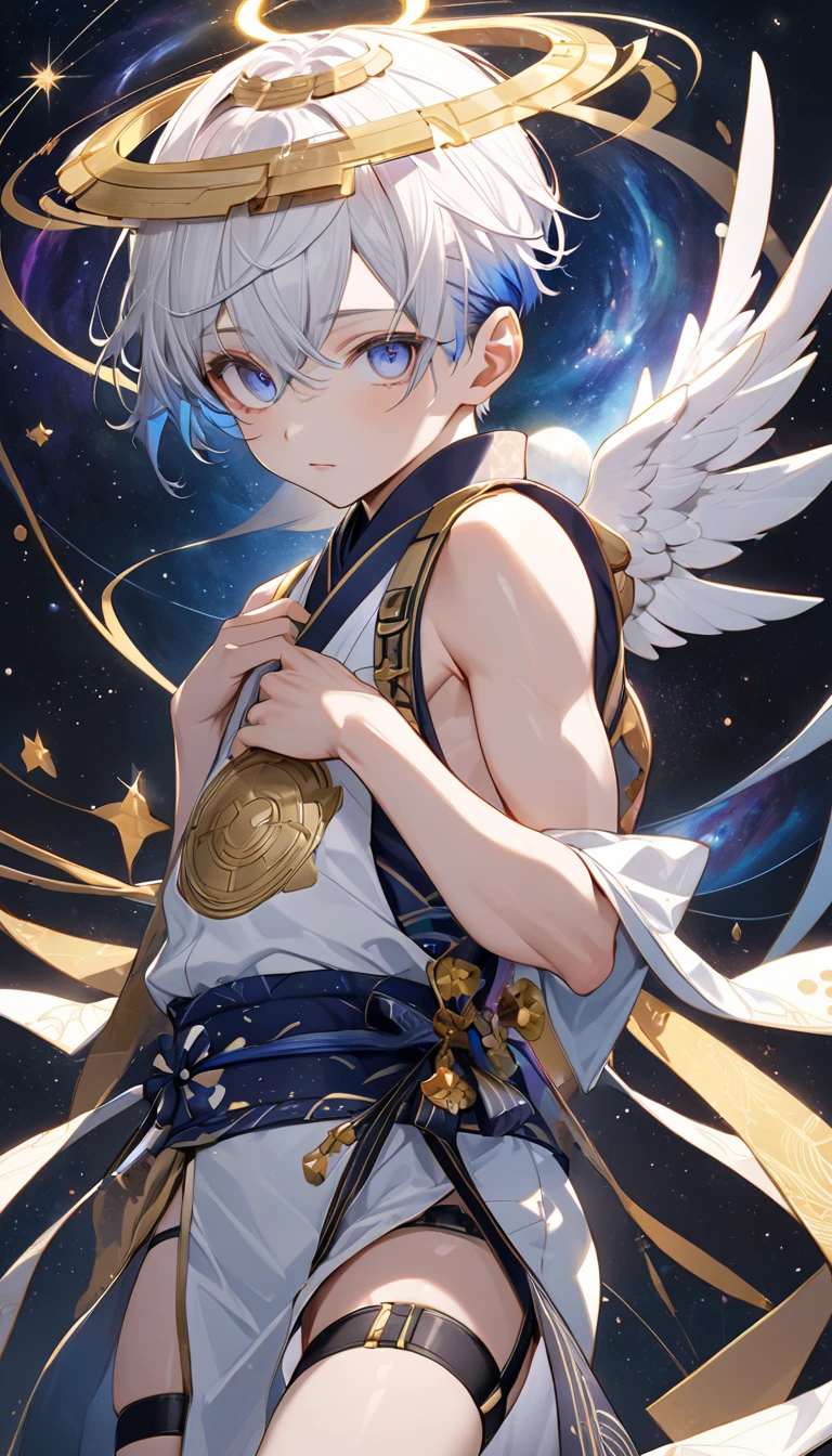 Fresh illustration,
Ultra-fine drawing,
Very delicate illustration,
Very fine details,
One boy,
Full body,
Standing motionless,
Both arms slightly bald,
Height 158cm,
Fair skin,
Right eye is purple,
Left eye is blue,
Odd eyes,
Heterochromie iris,
Beautiful eyes,
Large black pupils,
Short hair,
Blue roots and white hair elsewhere,
Hair with a gradient,
Shiny hair,
Cute face,
Pretty face,
A shining angel halo on the back of the head,
Raised eyebrows,
Upper body in kimono,
Upper body in traditional Japanese clothing,
Masculine build,
Six pack,
Very small breasts,
No breasts,
Lower body in Chinese dress,
Black obi,
Overall white clothes,
Tastefully embroidered with gold thread ,
Clothes with a high-quality texture,
Jock straps,
Thigh straps,
Thigh straps digging into the skin,
White long boots,
Japanese-style toes,
Number of fingers and toes: 5,
Thin waist,
Thin legs,
Isometric,
Golden ratio,
Divine atmosphere,
Wearing an indigo-colored stand-up collared inner,
Outer space,
Galaxy,
Countless small stars,
Tactical use of shadows,
Hairbands on head and hair do not extend beyond the frame,
Clothes do not extend beyond the frame,