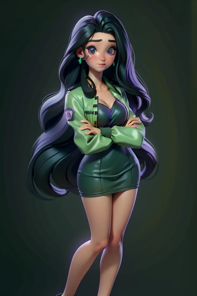  character.  with a full body, 3D style face,  sweet and delicate,  with long colored hair,chocolate,Short blue hair,underwear bra, purple eyes,Round metal earrings,Silent colors,ritsuko takahashi face, long hair, black hair, green shining on her hair, purple eyes, green dress, yellow jacket,((SFW))、(1.female、Alone)、ultra-realistic capture、very detailed、High resolution 16k human skin close-up、Skin texture must be natural、detailed：To the extent that pores can be clearly identified、skin looks healthy、Uniform color tone、use natural light and colors、((Full body photo shoot))、(bright background)、(natural pose)、(calm expression)、(soft lighting)、(realistic eyes)、(Exquisite makeup)、(long hair