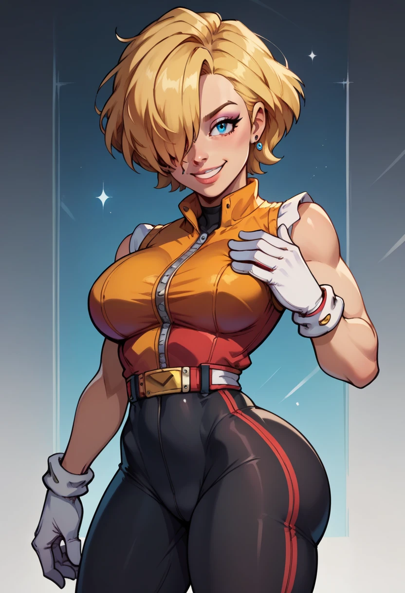 score_9,score_8_up,score_7_up,score_6_up,score_5_up,score_4_up,1girl, ( madonna garnet, (/Sonic)/), cute smile,blonde hair, blue eyes, short hair, hair over one eye,athletic body, juicy ass, bubble butt, black tight pants, breast focus, big breasts, in dark room, sexy pose