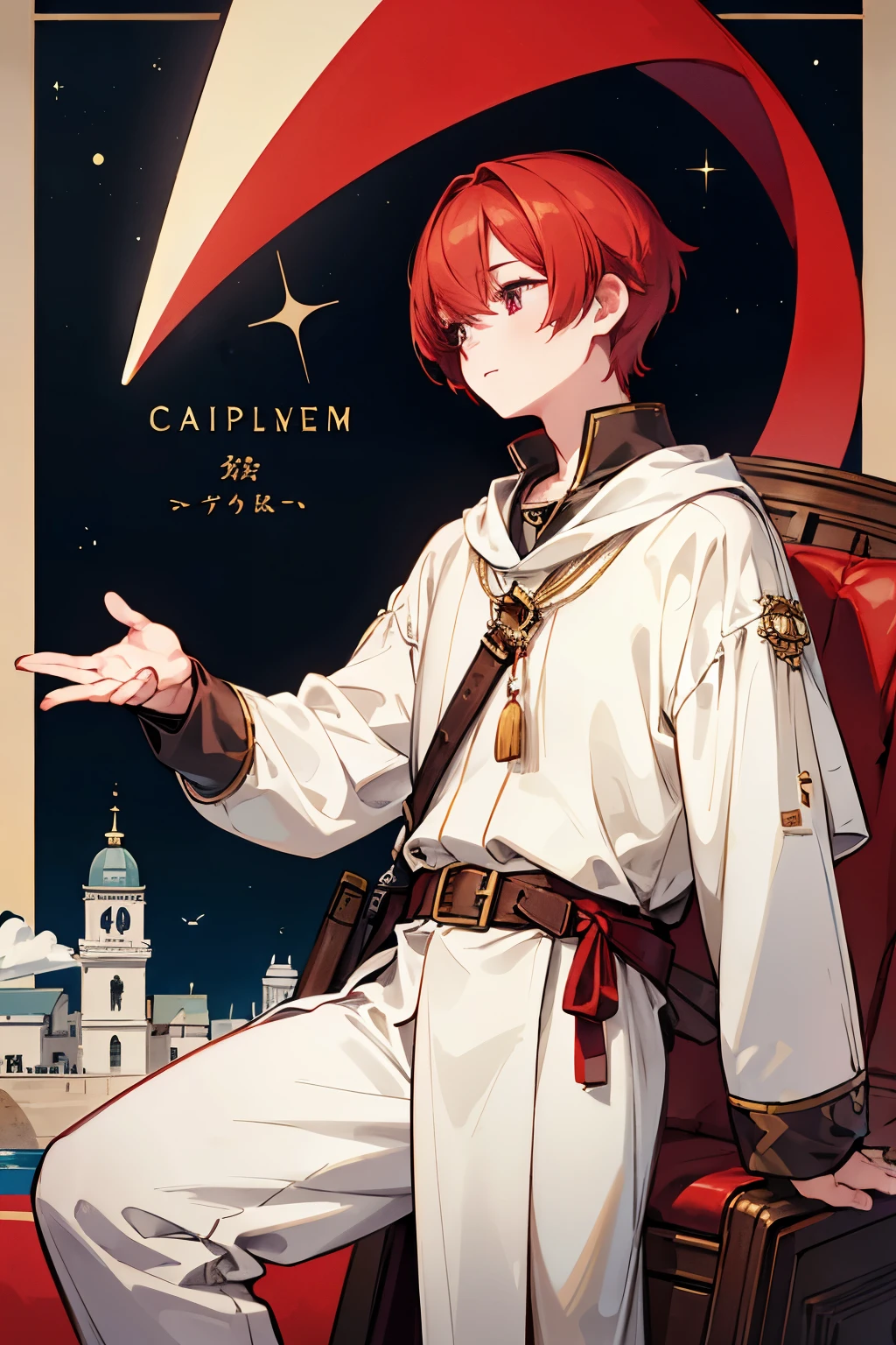 A telescope with a long hand、captain、Columbus、 red hair、captainハット、Short Hair、Eyes that look far away、male、 aboard the ship 