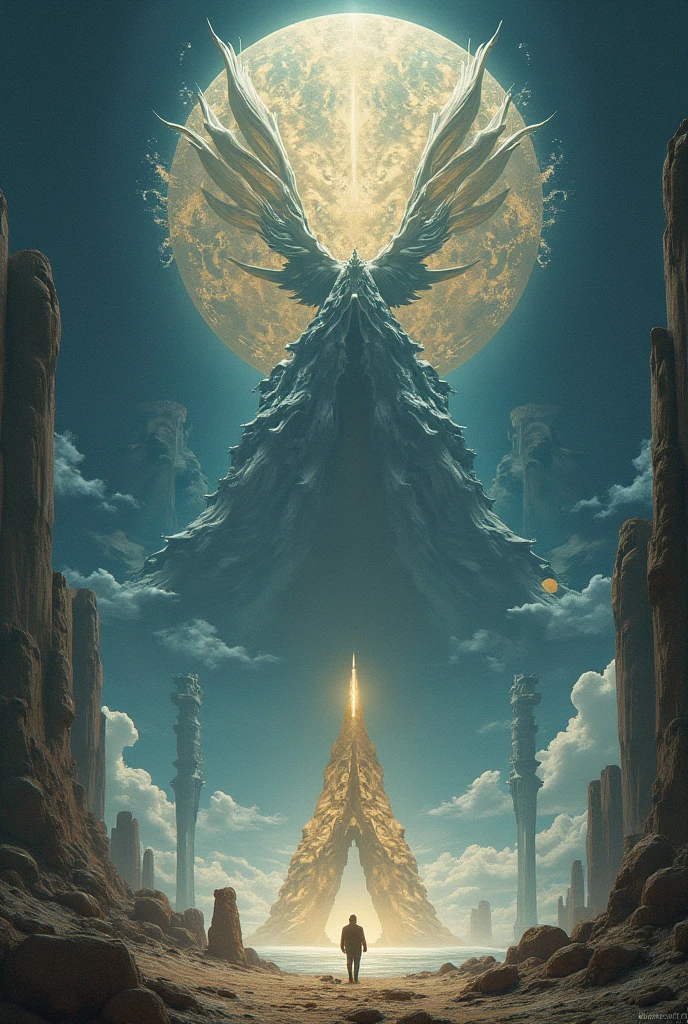 A surreal and ethereal depiction of "The Judgement" tarot card in a graphic novel style, blending the whimsical fantasy of Miyazaki with the edgy, dynamic aesthetics of Chris Bachalo. The scene portrays a cosmic awakening, with figures rising from ornate, floating coffins amidst swirling clouds and celestial bodies. A colossal, androgynous angel with iridescent wings stretches across the sky, its trumpet emitting waves of luminous energy that ripple through the composition. The rising figures are diverse in age and appearance, their expressions a mix of awe and revelation. The color palette combines deep, rich purples and blues with bursts of golden light, creating a dramatic chiaroscuro effect. Intricate details adorn the coffins and the angel's robes, reminiscent of Miyazaki's attention to minute elements. The perspective is slightly tilted, offering a dynamic, off-kilter view that adds tension to the scene. In the foreground, shadowy hands reach upward, creating depth and drawing the viewer into the image. Translucent, glowing butterflies flutter across the frame, symbolizing transformation. The card's name, "The Judgement," is elegantly inscribed at the bottom in a font that echoes Art Nouveau style, with the letters subtly animated by wisps of ethereal smoke. The overall composition balances the grandiose with the intimate, capturing the profound moment of universal reckoning and personal rebirth.