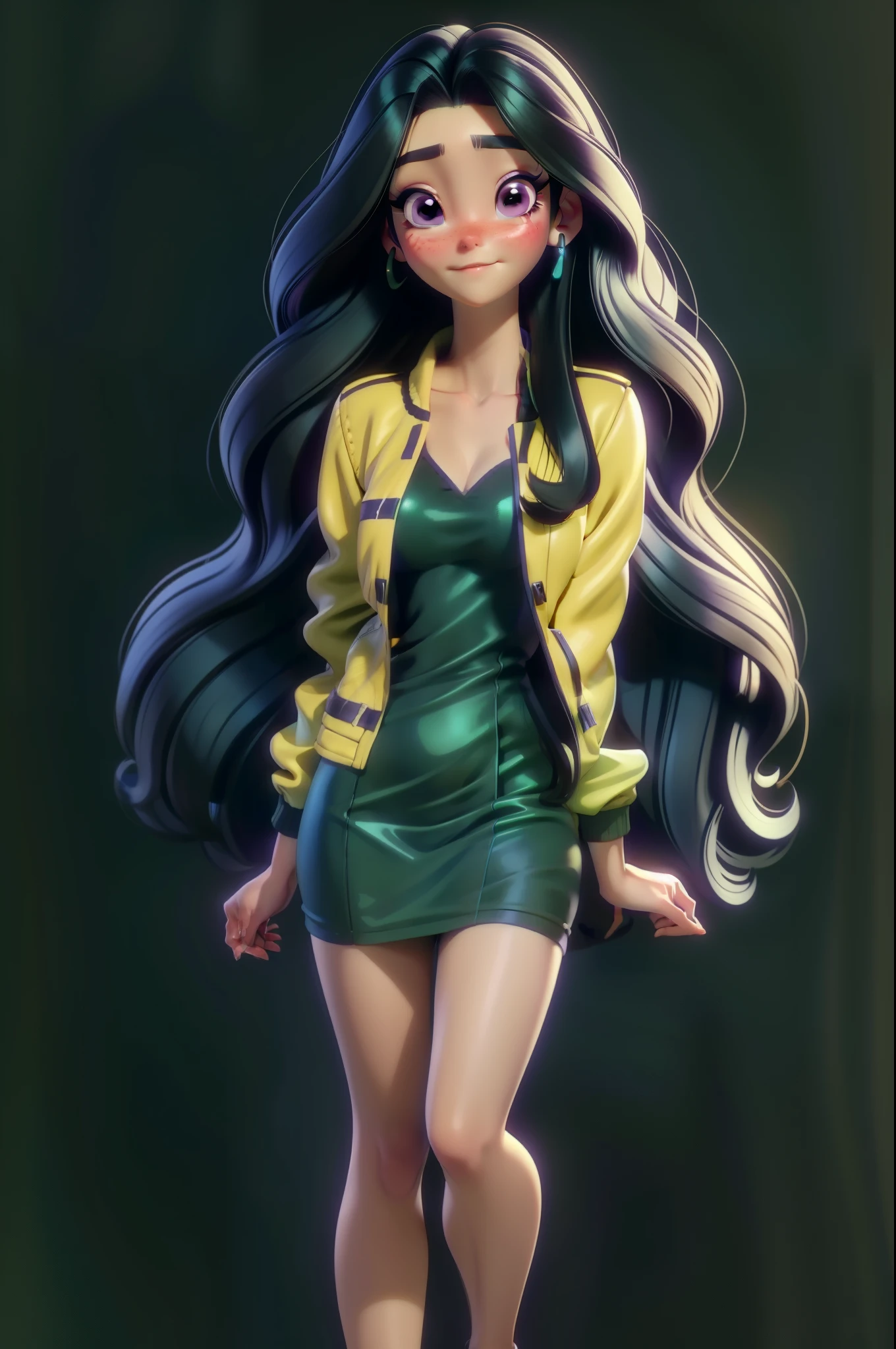  character.  with a full body, 3D style face,  sweet and delicate,  with long colored hair,chocolate,Short blue hair,underwear bra, purple eyes,Round metal earrings,Silent colors,ritsuko takahashi face, long hair, black hair, green shining on her hair, purple eyes, green dress, yellow jacket,((SFW))、(1.female、Alone)、ultra-realistic capture、very detailed、High resolution 16k human skin close-up、Skin texture must be natural、detailed：To the extent that pores can be clearly identified、skin looks healthy、Uniform color tone、use natural light and colors、((Full body photo shoot))、(bright background)、(natural pose)、(calm expression)、(soft lighting)、(realistic eyes)、(Exquisite makeup)、(long hair