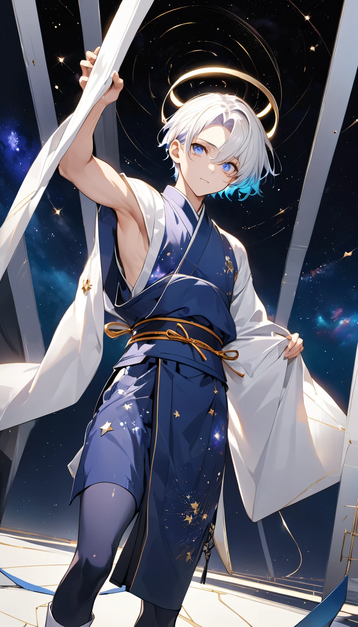 Fresh illustration,
Ultra-fine drawing,
Very delicate illustration,
Very fine details,
One boy,
Full body,
Standing motionless,
Both arms slightly bald,
Height 158cm,
Fair skin,
Right eye is purple,
Left eye is blue,
Odd eyes,
Heterochromie iris,
Beautiful eyes,
Large black pupils,
Short hair,
Blue roots and white hair elsewhere,
Hair with a gradient,
Shiny hair,
Cute face,
Pretty face,
A shining angel halo on the back of the head,
Raised eyebrows,
Upper body in kimono,
Upper body in traditional Japanese clothing,
Masculine build,
Six pack,
Very small breasts,
No breasts,
Lower body in Chinese dress,
Black obi,
Overall white clothes,
Tastefully embroidered with gold thread ,
Clothes with a high-quality texture,
Jock straps,
Thigh straps,
Thigh straps digging into the skin,
White long boots,
Japanese-style toes,
Number of fingers and toes: 5,
Thin waist,
Thin legs,
Isometric,
Golden ratio,
Divine atmosphere,
Wearing an indigo-colored stand-up collared inner,
Outer space,
Galaxy,
Countless small stars,
Tactical use of shadows,
Hairbands on head and hair do not extend beyond the frame,
Clothes do not extend beyond the frame,