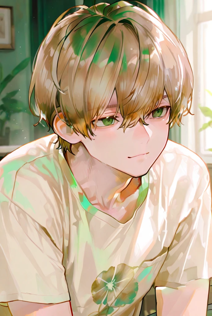 One adult male,Brown Hair,  shortcuts, Light brown gradation color, shirt ,Dark Green Eyes 