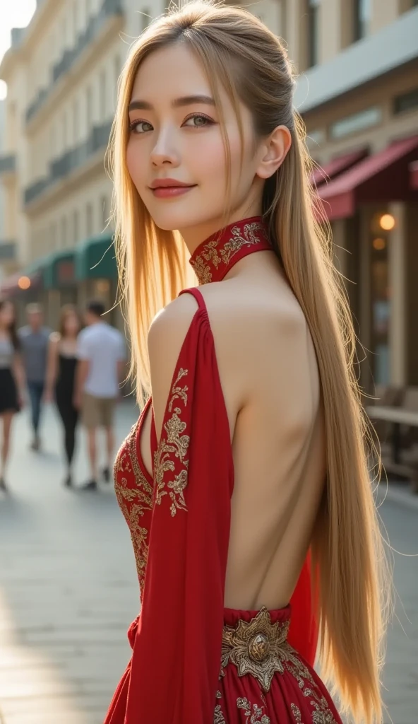  top quality 、masterpiece、 super realistic 、 film grain、 back view、 dress with an empty back,  Red Dress 、Very detailed ethnic embroidered dress、Artistic Patterned Dress 、cute girl,masterpiece, ((   long hair )),   Long Beige Hair  ,   very long straight hair, Beautiful yellow eyes,  white skin,   pale yellow eyes like Halloween , Beautiful shoulder blades, very attractive ass :1.5, Narrow shoulders,  Moderate bust ,  outdoor、 Walking Downtown 、 walking 、 Beautiful Woman in Return