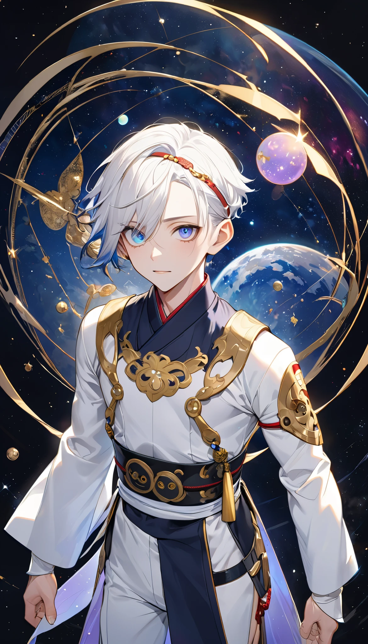 Fresh illustration,
Ultra-fine drawing,
Very delicate illustration,
Very fine details,
One boy,
Full body,
Standing motionless,
Both arms slightly bald,
Height 158cm,
Fair skin,
Right eye is purple,
Left eye is blue,
Odd eyes,
Heterochromie iris,
Beautiful eyes,
Large black pupils,
Short hair,
Blue roots and white hair elsewhere,
Hair with a gradient,
Shiny hair,
Cute face,
Pretty face,
A shining angel halo on the back of the head,
Raised eyebrows,
Upper body in kimono,
Upper body in traditional Japanese clothing,
Masculine build,
Six pack,
Very small breasts,
No breasts,
Lower body in Chinese dress,
Black obi,
Overall white clothes,
Tastefully embroidered with gold thread ,
Clothes with a high-quality texture,
Jock straps,
Thigh straps,
Thigh straps digging into the skin,
White long boots,
Japanese-style toes,
Number of fingers and toes: 5,
Thin waist,
Thin legs,
Isometric,
Golden ratio,
Divine atmosphere,
Wearing an indigo-colored stand-up collared inner,
Outer space,
Galaxy,
Countless small stars,
Tactical use of shadows,
Hairbands on head and hair do not extend beyond the frame,
Clothes do not extend beyond the frame,