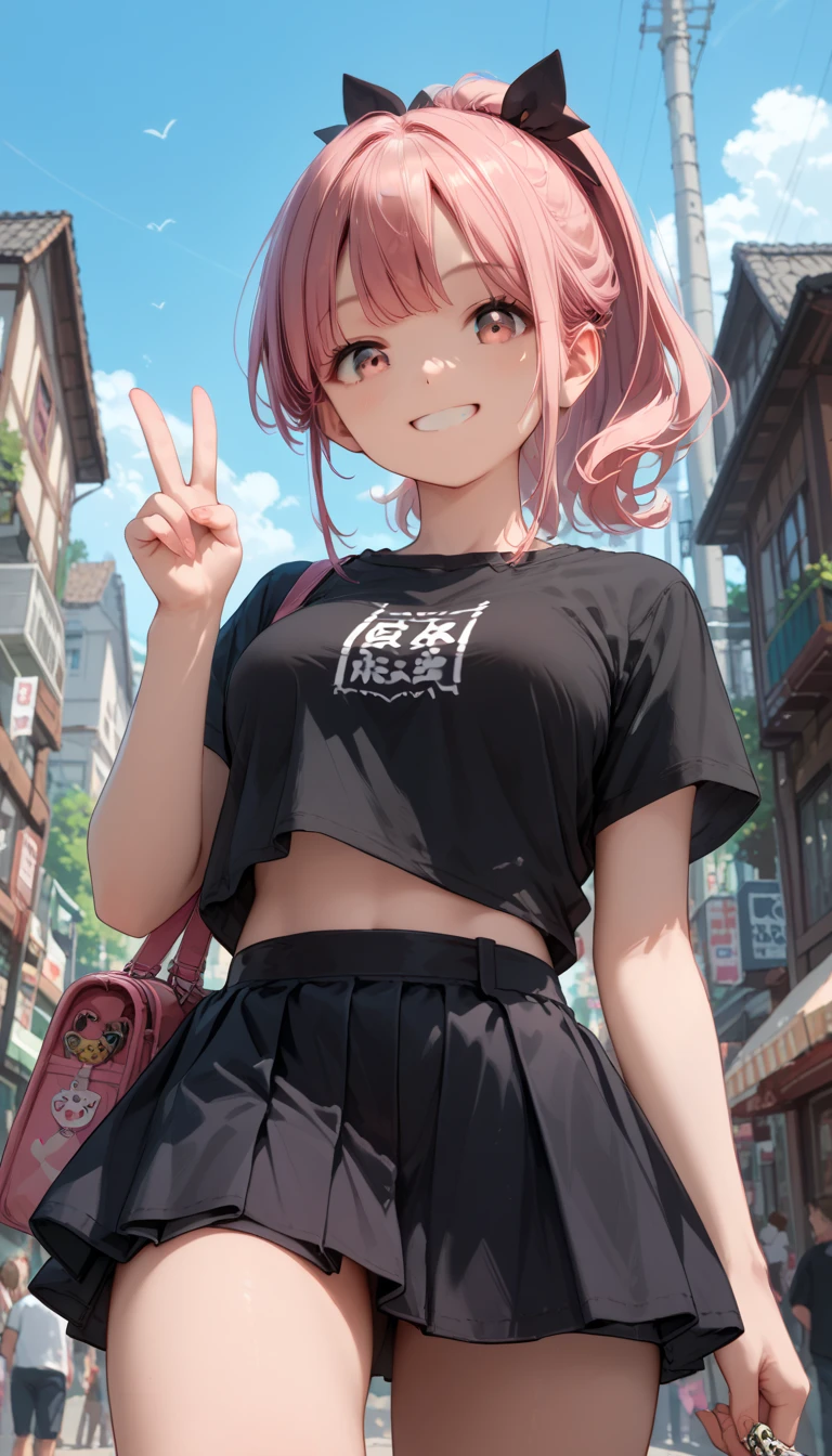 score_9, score_8_up, score_7_up,source_anime,anatomically correct, best perspective, 1 cute girl, pink hair, ponytail, black ribbon, pink eyes, Smile, medium breasts, black onepiece,mini skirt,piece sign