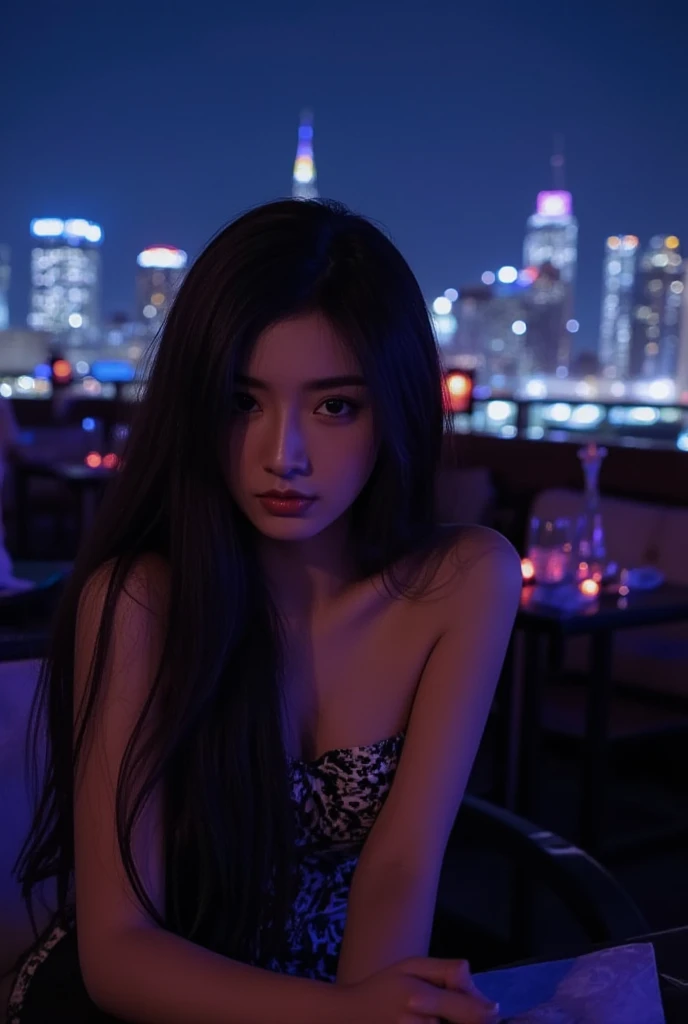 A girl around 20 years old sitting in a strapless shirt at a rooftop restaurant. The backdrop is a city illuminated by bright lights, creating a dark and dynamic atmosphere. The mood and tone should be captivating, with a sense of mystery and elegance. The light and shadow play an integral role in highlighting the girl's features and creating depth in the image. It should be a realistic portrait that captures the girl's beauty and personality in great detail.

To achieve the best quality and resolution, please add the following tags at the beginning: "(best quality, 4k, high res, masterpiece:1.2), ultra-detailed, realistic:1.37". Additionally, incorporate the use of Leica M11 photography style to emphasize the sharpness and clarity of the image.

For the composition, focus on the girl's facial features, including her beautiful and detailed eyes, nose, and lips. Pay special attention to long eyelashes, as they add depth and allure to the portrait. Capture her expression to reflect her emotions and make the viewer feel a connection with her. The girl should be portrayed elegantly, with a sense of grace and confidence.

As for the surroundings, depict the rooftop restaurant with its unique charm and ambiance. Consider describing the elements such as the comfortable seating, stylish decor, and night view of the city lights in the background. Create a captivating contrast between the darkness and the vibrant cityscape.

In terms of style, aim for a realistic portrait with a touch of sophistication. The artistry should be inspired by Leica M11 photography, known for its sharp focus and fine details. Add the tag "photorealistic" to enhance the lifelike appearance of the portrait.

To convey the dark theme, incorporate the use of deep colors, such as rich blacks, blues, and purples. The lighting should be moody, with dramatic shadows and highlights, directing attention to the girl's face. Feel free to use tags like "dark theme" and "light and shadow" to emphasize the desire