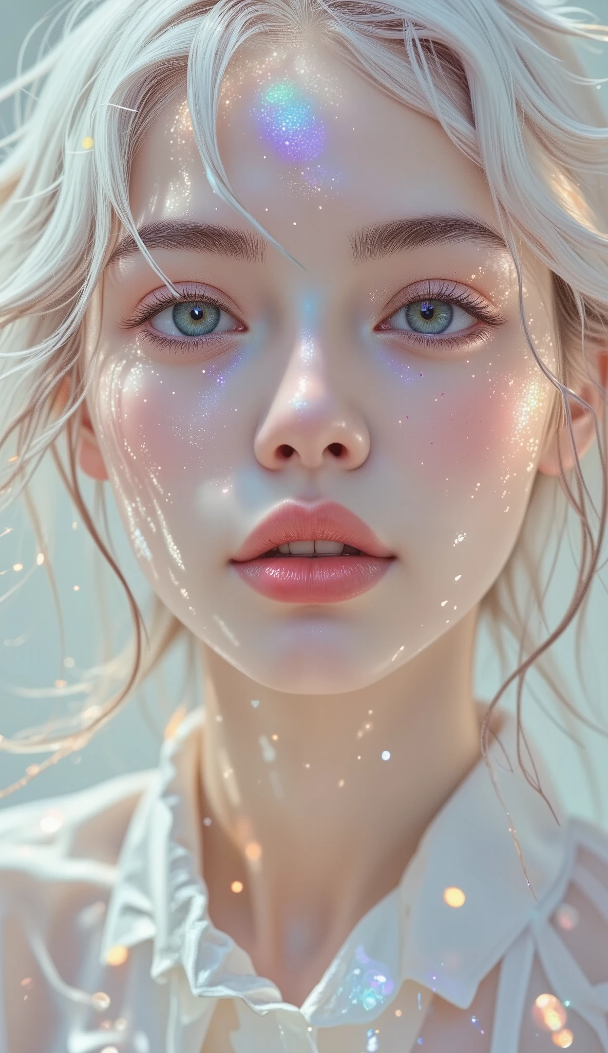 ( hyperrealistic), ( illustration), ( High resolution), (8K), ( belt), (best  illustration), ( beautiful and detailed eyes ), ( best quality), (ultra-detallado), ( masterpiece), (  wallpaper ), ( detailed face ), Alone,  a girl, white wavy hair, Korean, heterochromic eyes, small moles under the eyes, loose white shirt,  yoga pants ,  big breasts ,  long legs , tight abs , camel toes,  dynamic pose   