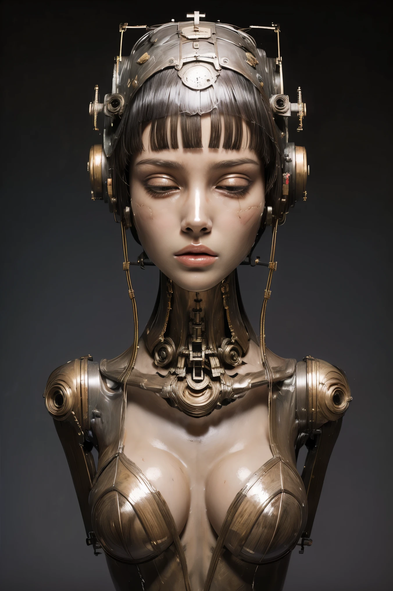 (masterpeace), ((super real photography: 1.5)), ((photo realistic: 1.3)), (real photo),
young girl with a lot of flowers, ((A young girl robot: 1.5)), (bust statue),
BREAK
headgear, ((real metalic skin)), ((beautiful face: 1.5)), ((Super cute: 1.5)), ((babyface: 1.5)), ((well-balanced face)), (close eyes: 1.3)), longeyelashes, stunning big eyes, luscious glossy lips, ((blunt bangs: 1.5)), (long hair),
BREAK
(slender body: 1.3), petite bust, flower bloom, (flowers: 1.5),
BREAK
High-Mechanic body, octane rendering, Super Detailed machine, ((connected electric cables)),
BREAK
(simple background: 1.3), ((bust shot: 1.3)), cinema quality, professional photograph, (photo studio: 1.5), (Bright Light: 1.2), Eye-Level Shot, wide lens, (fujifilm 35mm), (film photo), RAW, Excessive Embellishment, UHD,
BREAK
anatomically correct, textured skin, best quality, 8k