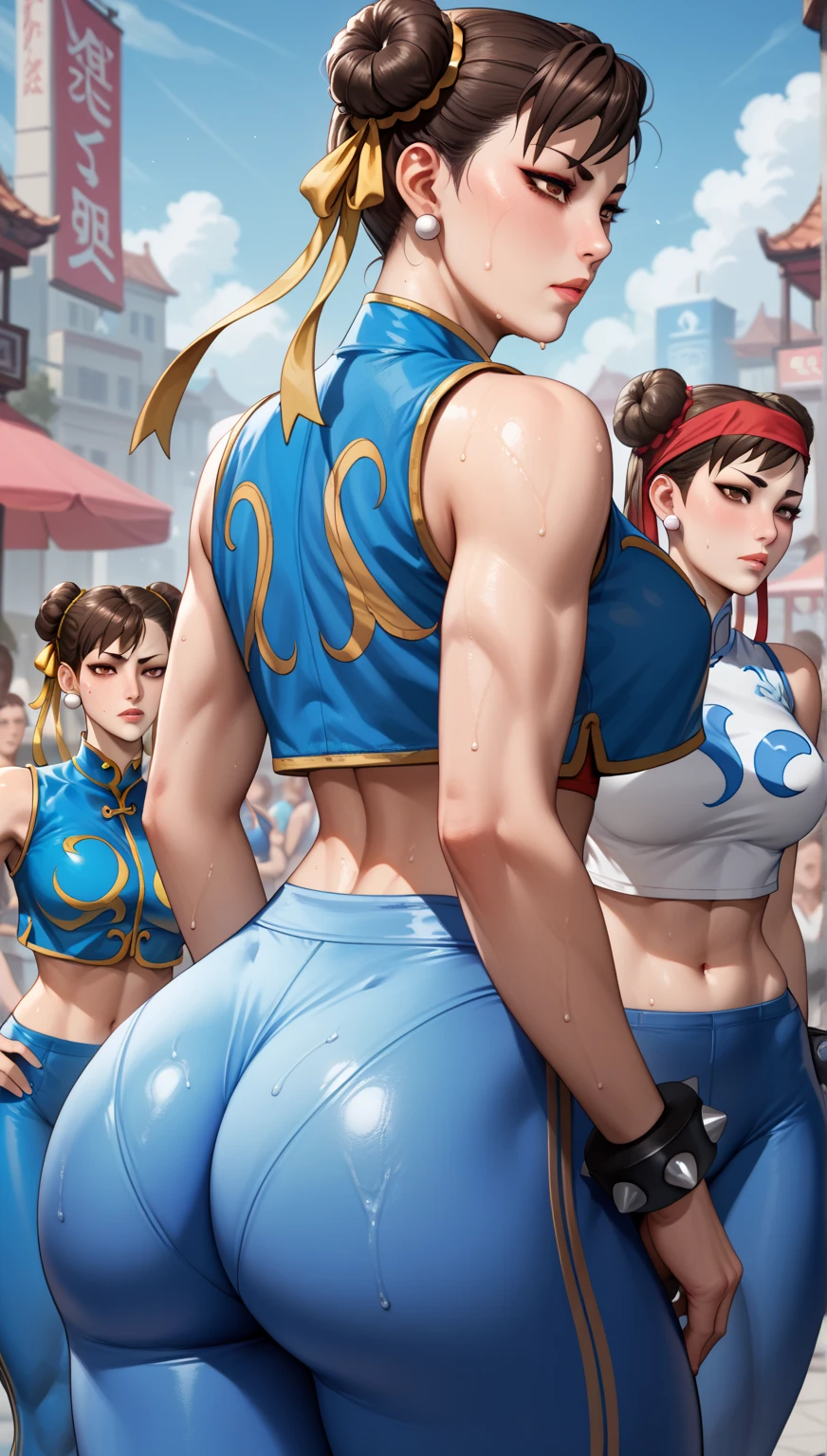 Masterpiece, 4k, highly detailed, CHUN-LI, brown eyes, double bun, yellow ribbon, blue bodysuit, crop top, sleeveless, wide ass, from behind, tired look, 2 girls, short brown hair, red headband, perfect ass, crowd of s. sweaty,