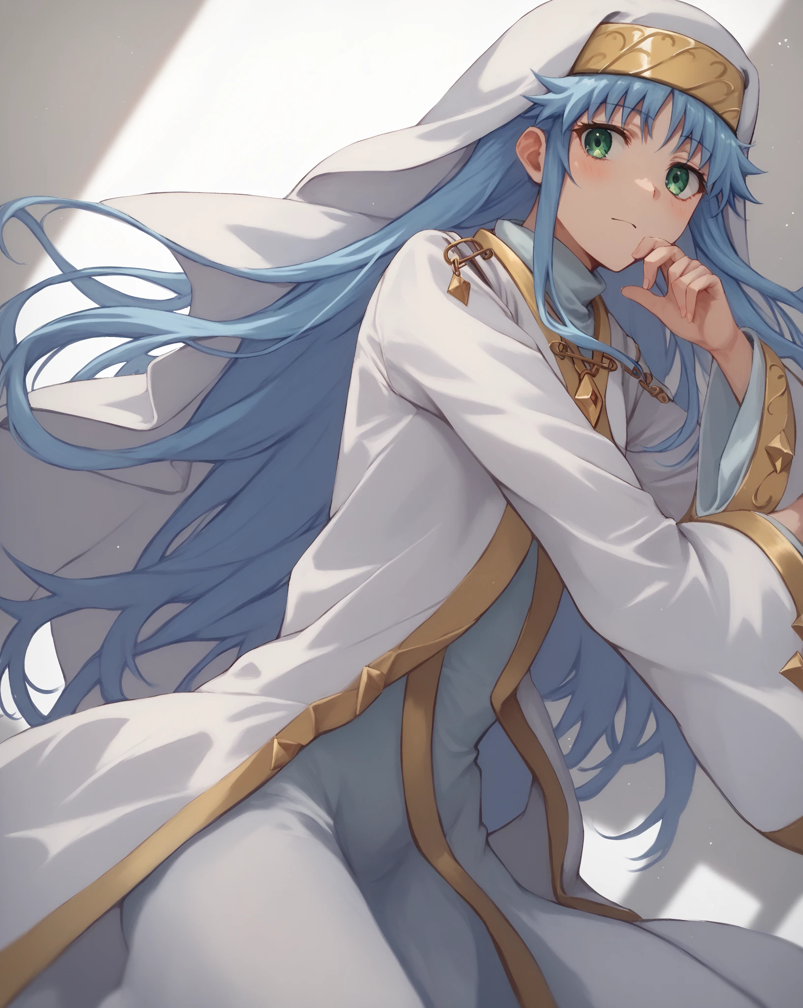 score_9, score_8_up, score_7_up,
 index librorum prohibitorum, index \(toaru majutsu no index\), 1girl, solo, long hair, green eyes,blue hair, nun, long sleeves, alternate hair color, white robe,