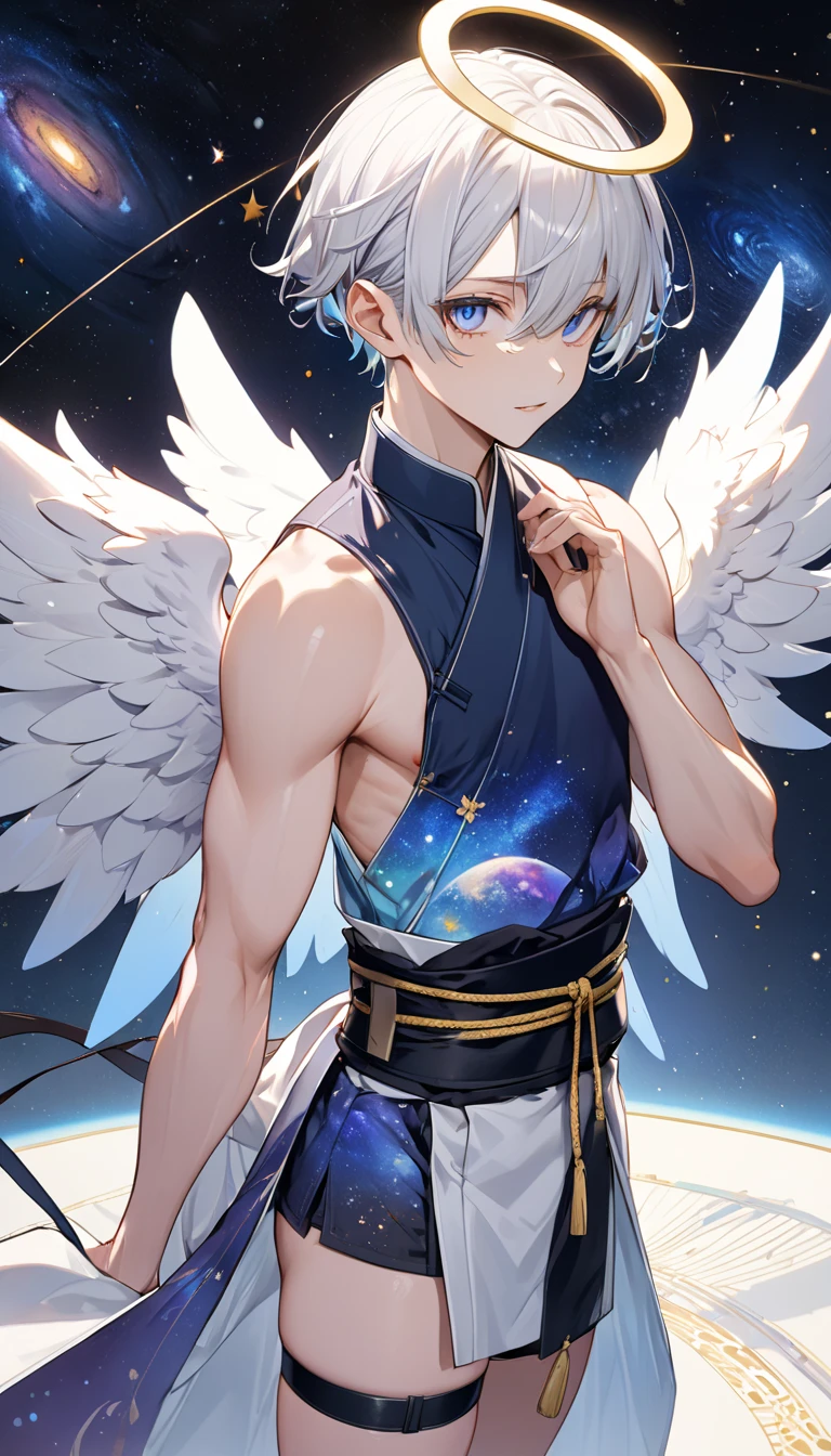 Fresh illustration,
Ultra-fine drawing,
Very delicate illustration,
Very fine details,
One boy,
Full body,
Standing motionless,
Both arms slightly bald,
Height 158cm,
Fair skin,
Right eye is purple,
Left eye is blue,
Odd eyes,
Heterochromie iris,
Beautiful eyes,
Large black pupils,
Short hair,
Blue roots and white hair elsewhere,
Hair with a gradient,
Shiny hair,
Cute face,
Pretty face,
A shining angel halo on the back of the head,
Raised eyebrows,
Upper body in kimono,
Upper body in traditional Japanese clothing,
Masculine build,
Six pack,
Very small breasts,
No breasts,
Lower body in Chinese dress,
Black obi,
Overall white clothes,
Tastefully embroidered with gold thread ,
Clothes with a high-quality texture,
Jock straps,
Thigh straps,
Thigh straps digging into the skin,
White long boots,
Japanese-style toes,
Number of fingers and toes: 5,
Thin waist,
Thin legs,
Isometric,
Golden ratio,
Divine atmosphere,
Wearing an indigo-colored stand-up collared inner,
Outer space,
Galaxy,
Countless small stars,
Tactical use of shadows,
Hairbands on head and hair do not extend beyond the frame,
Clothes do not extend beyond the frame,