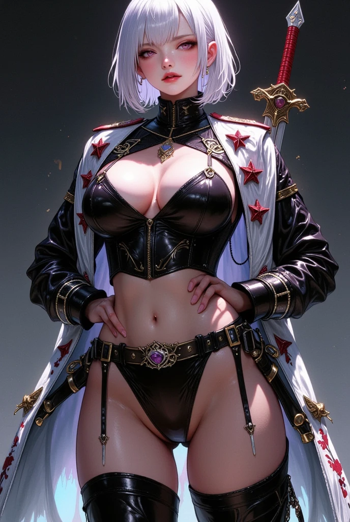 ((UHD, masterpiece, anatomically correct, textured skin, super detail, high details, best quality,  highres icon, Detailed and precise manual expression:1.3,  Incredibly Absurd )), 1woman\Beautiful white short hair\Ruby-red eyes, Voluptuous body line\Brown skin shining in the light\, Tight military uniform, mini skirt, Sabre on waist, Black long boots