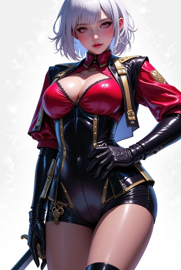 ((UHD, masterpiece, anatomically correct, textured skin, super detail, high details, best quality,  highres icon, Detailed and precise manual expression:1.3,  Incredibly Absurd )), 1woman\Beautiful white short hair\Ruby-red eyes, Voluptuous body line\Brown skin shining in the light\, Tight military uniform, mini skirt, Sabre on waist, Black long boots