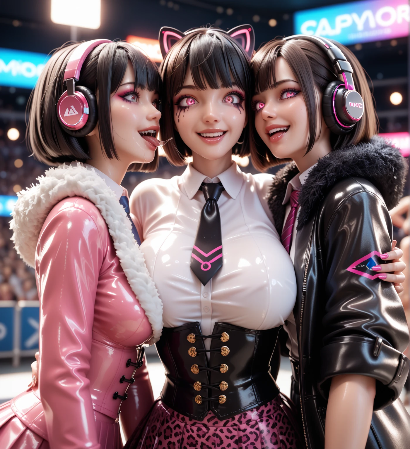 3 girls,   In extremely tight , shiny , pink latex polo shirt, bob cut,   black hair , Lens reflection,   reflecting light  ,   high resolution ,   masterpiece,  Are in the crowd, startled,  Glowing eyes , smile, saliva, salivafluss, salivaspur, very strong makeup,   very strong shiny skin , Necktie Corset ,  
pleated skirt, Leopard print,kiss, headphones, Breasts,  ponytail, Bangs, From underneath,  Looking at the viewer, fur coat 