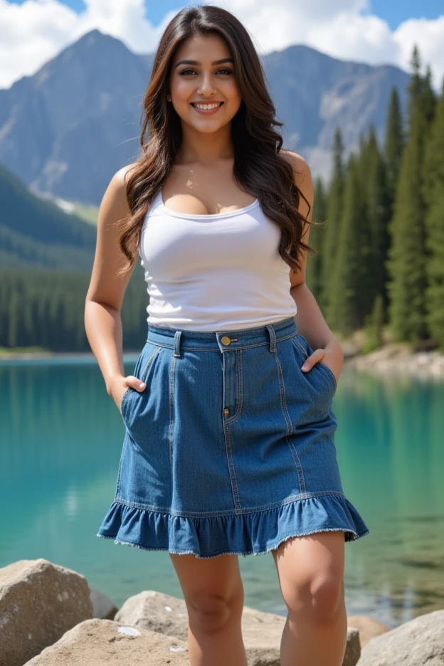 HD wallpaper 32k cinematic shoot of a Beautiful cute Nupur Sanon sexy curvy plus size body beautiful actress in a SHEIN ICON Denim A-Line Skirt With Diagonal Pockets And Ruffled Hem posing for a picture in Banff National Park, Canada - Majestic Rocky Mountains, pristine lakes, and dense forests for a photoshoot, camera front facing, smilling face, head to toe view, full body shot, hourglass body shape, curvy plus size body, close up full body view, bigger waist, busty, big hips, fleshy thighs, thick thighs, busty, full body view, head to to view, full body shot, sexy girl, beautiful curves, curvy model, attractive curves, attractive feminine curves, gorgeous woman, Banff National Park, Canada - Majestic Rocky Mountains, pristine lakes, and dense forests background,