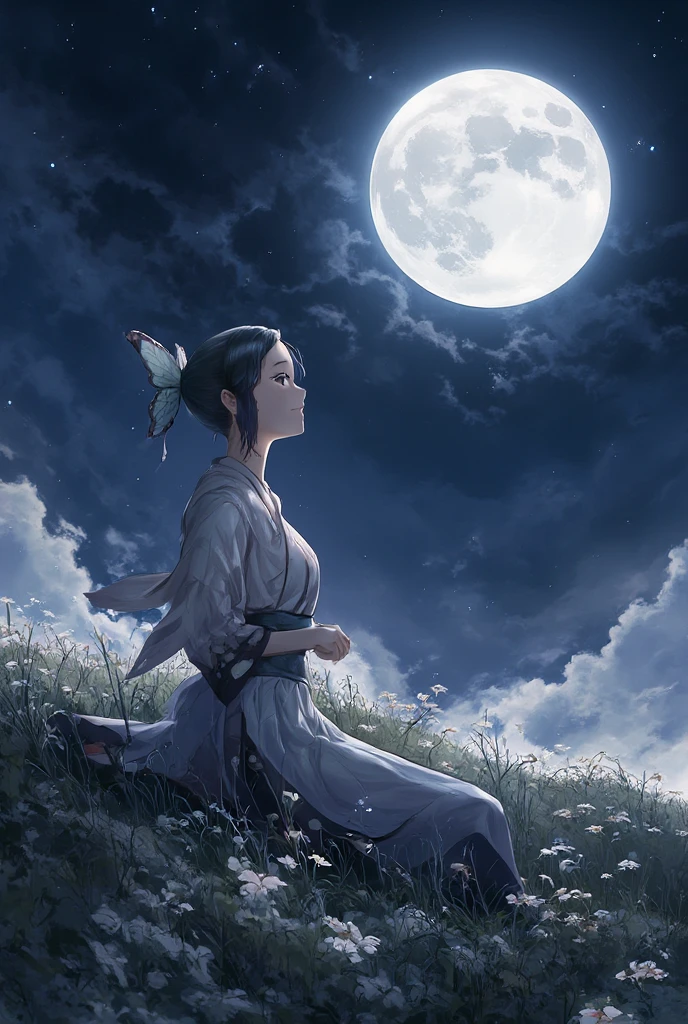 1girl, beautiful, sitting, mid night, under moon, field, moon light, anime, Shinobu, Demon slayer