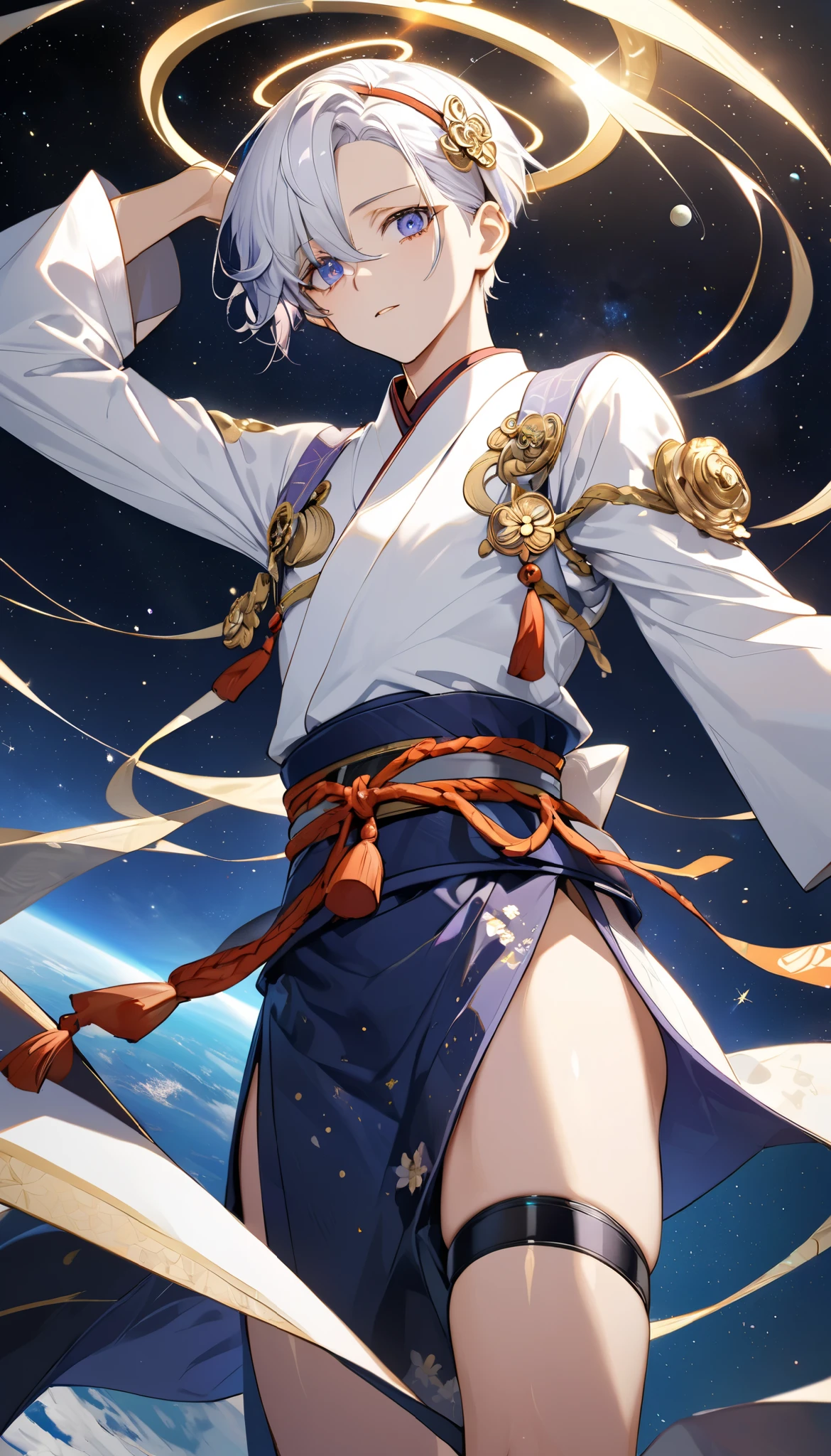 Fresh illustration,
Ultra-fine drawing,
Very delicate illustration,
Very fine details,
One boy,
Full body,
Standing motionless,
Both arms slightly bald,
Height 158cm,
Fair skin,
Right eye is purple,
Left eye is blue,
Odd eyes,
Heterochromie iris,
Beautiful eyes,
Large black pupils,
Short hair,
Blue roots and white hair elsewhere,
Hair with a gradient,
Shiny hair,
Cute face,
Pretty face,
A shining angel halo on the back of the head,
Raised eyebrows,
Upper body in kimono,
Upper body in traditional Japanese clothing,
Masculine build,
Six pack,
Very small breasts,
No breasts,
Lower body in Chinese dress,
Black obi,
Overall white clothes,
Tastefully embroidered with gold thread ,
Clothes with a high-quality texture,
Jock straps,
Thigh straps,
Thigh straps digging into the skin,
White long boots,
Japanese-style toes,
Number of fingers and toes: 5,
Thin waist,
Thin legs,
Isometric,
Golden ratio,
Divine atmosphere,
Wearing an indigo-colored stand-up collared inner,
Outer space,
Galaxy,
Countless small stars,
Tactical use of shadows,
Hairbands on head and hair do not extend beyond the frame,
Clothes do not extend beyond the frame,