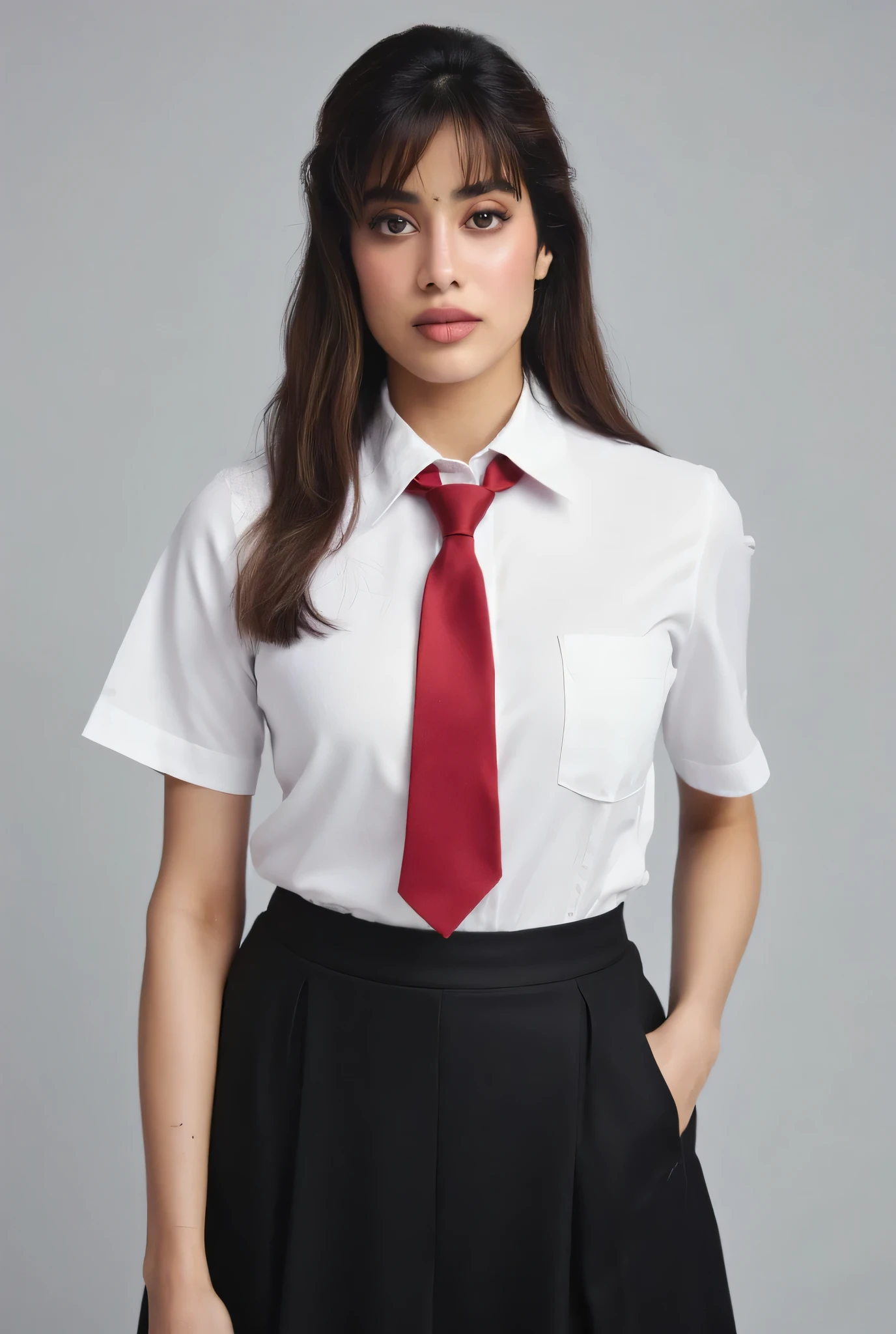 Janhvi kapoor, indian actress, brown eyes, bangs, beautiful face, supermodel face, amazing eyes, (school uniform, white shirt, red necktie, black pleted skirt), realistic image, photoshoot, enhanced details, standing straight