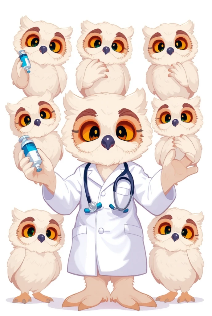 An anthropomorphic light-colored owl anesthesiologist named Som, maintaining its signature wise and professional personality. Som has soft feathers, wearing a white lab coat and a stethoscope. The character is shown performing eight different actions, all while looking directly at the camera: Holding a syringe with a confident smile, preparing for a procedure. Gesturing reassuringly with one wing, as if calming a patient. Sitting at a desk, writing notes on a clipboard with focus. Holding an oxygen mask, demonstrating its use with a gentle expression. Giving a thumbs-up gesture with a cheerful and encouraging look. Using a stethoscope to listen, showing attentiveness. Holding a vial of medicine up to the light, inspecting it carefully. Standing with wings open wide, as if presenting or welcoming, exuding calm confidence and professionalism. The background is pure white, ensuring the character is the main focus.