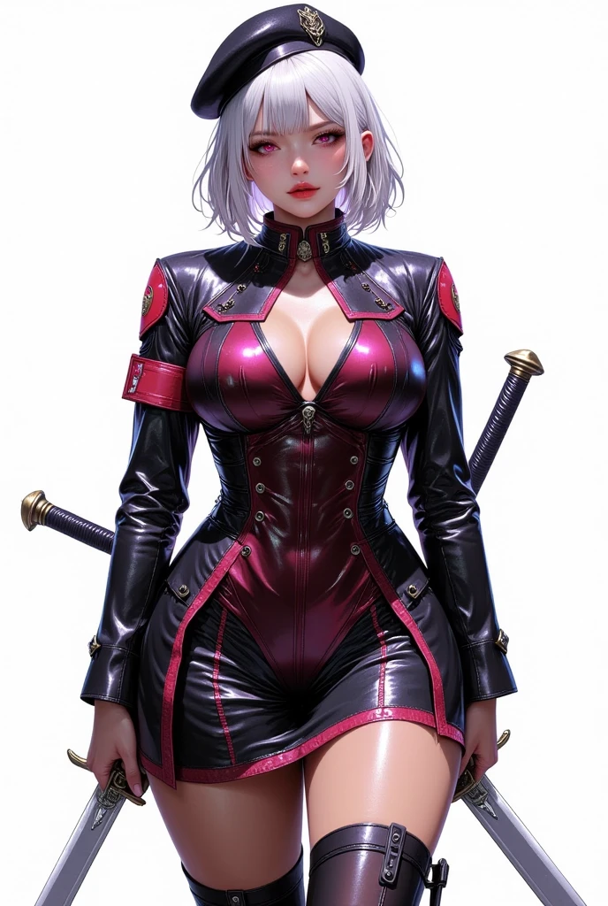 ((UHD, masterpiece, anatomically correct, textured skin, super detail, high details, best quality,  highres icon, Detailed and precise manual expression:1.3,  Incredibly Absurd )), 1woman\Beautiful white short hair\Ruby-red eyes, Voluptuous body line\Brown skin shining in the light\, Tight military uniform, mini skirt, Sabre on waist, Black long boots, Beret