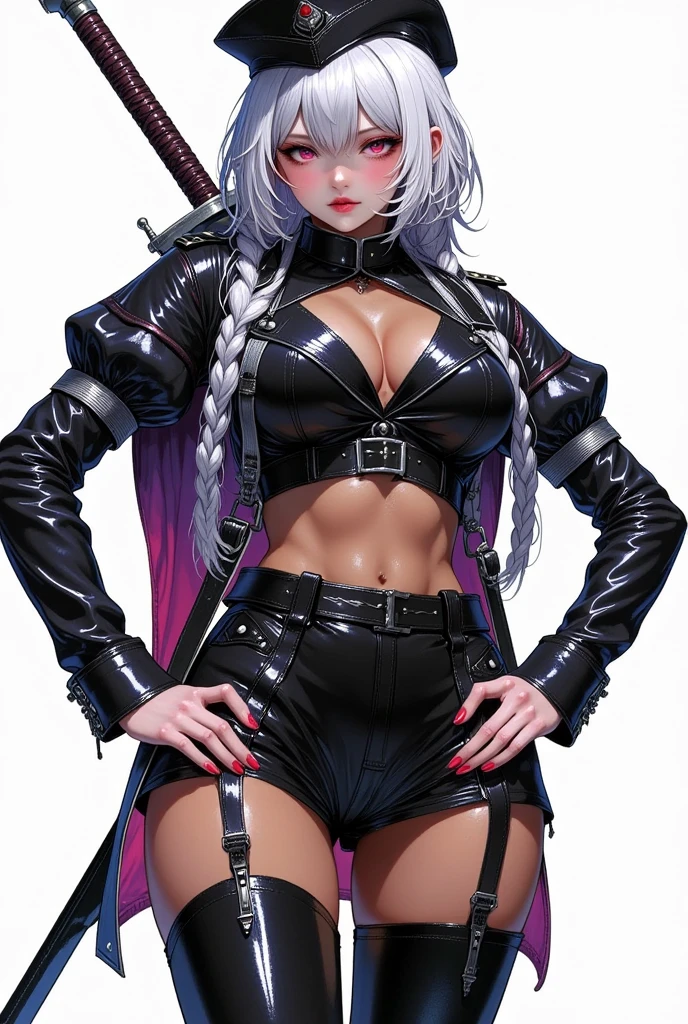 ((UHD, masterpiece, anatomically correct, textured skin, super detail, high details, best quality,  highres icon, Detailed and precise manual expression:1.3,  Incredibly Absurd )), 1woman\Beautiful white short hair\Ruby-red eyes, Voluptuous body line\Brown skin shining in the light\, Tight military uniform, mini skirt, Sabre on waist, Black long boots, Beret