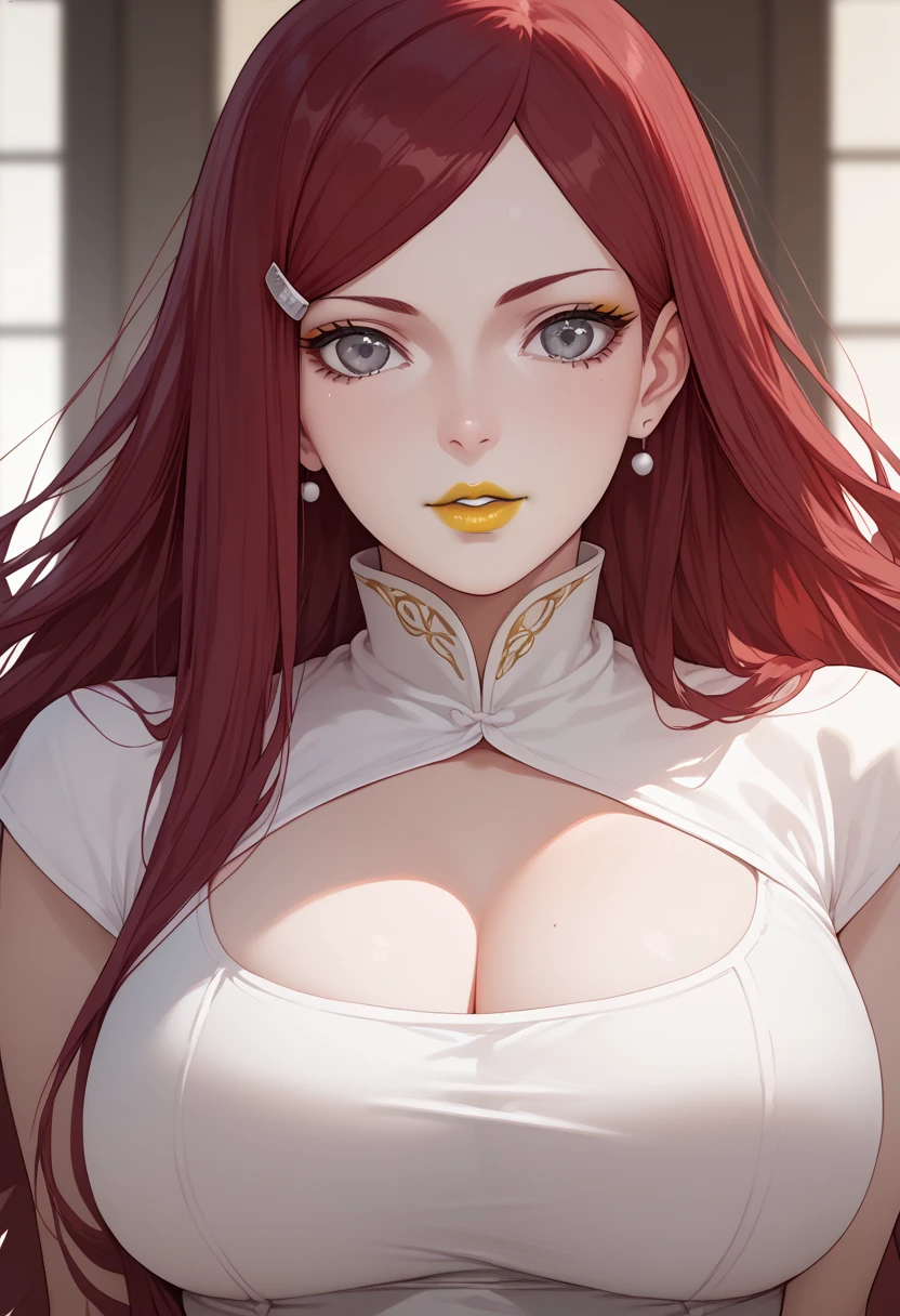 woman, white skin, gray eyes, long hair, Kushina Uzumaki, anime style, yellow lipstick, big breasts, red hair