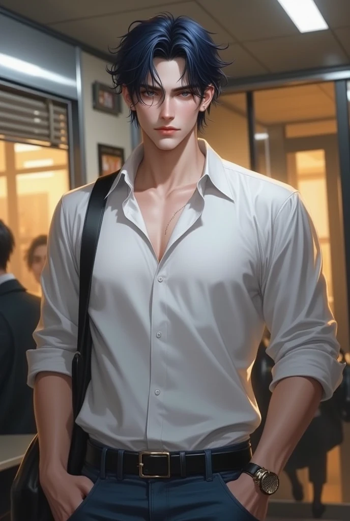 A handsome young adult man with medium length navy hair, medium skin tone, mole under lips and deep blue eyes. Posing with school background and warm lighting. Wearing baggy shirt and jeans. High quality, semi realism digital art style, manhwa style, avoid blank stares, add expression to the character face.