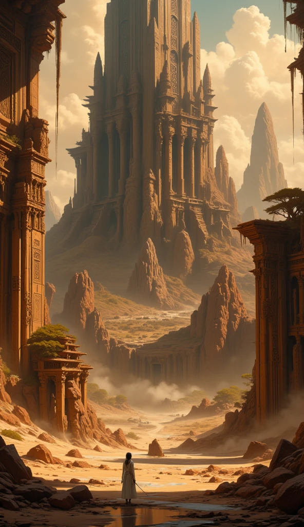  ancient structures in the background. The scene is bathed in warm, golden hues and long shadows are creating a dramatic, almost otherworldly atmosphere. The structures, likely ruins, exhibit intricate carvings and are covered in dust, wide cinematic aspect ratio, (best quality,4k,8k,highres,masterpiece:1.2),ultra-detailed,(realistic,photorealistic,photo-realistic:1.37),cinematic,dramatic lighting,moody atmosphere,cinematic composition,dramatic shadows,extremely detailed face,beautiful detailed eyes,beautiful detailed lips,extremely detailed eyes and face,longeyelashes,intricate details,highly detailed portrait,detailed clothing,elegant pose,serene expression