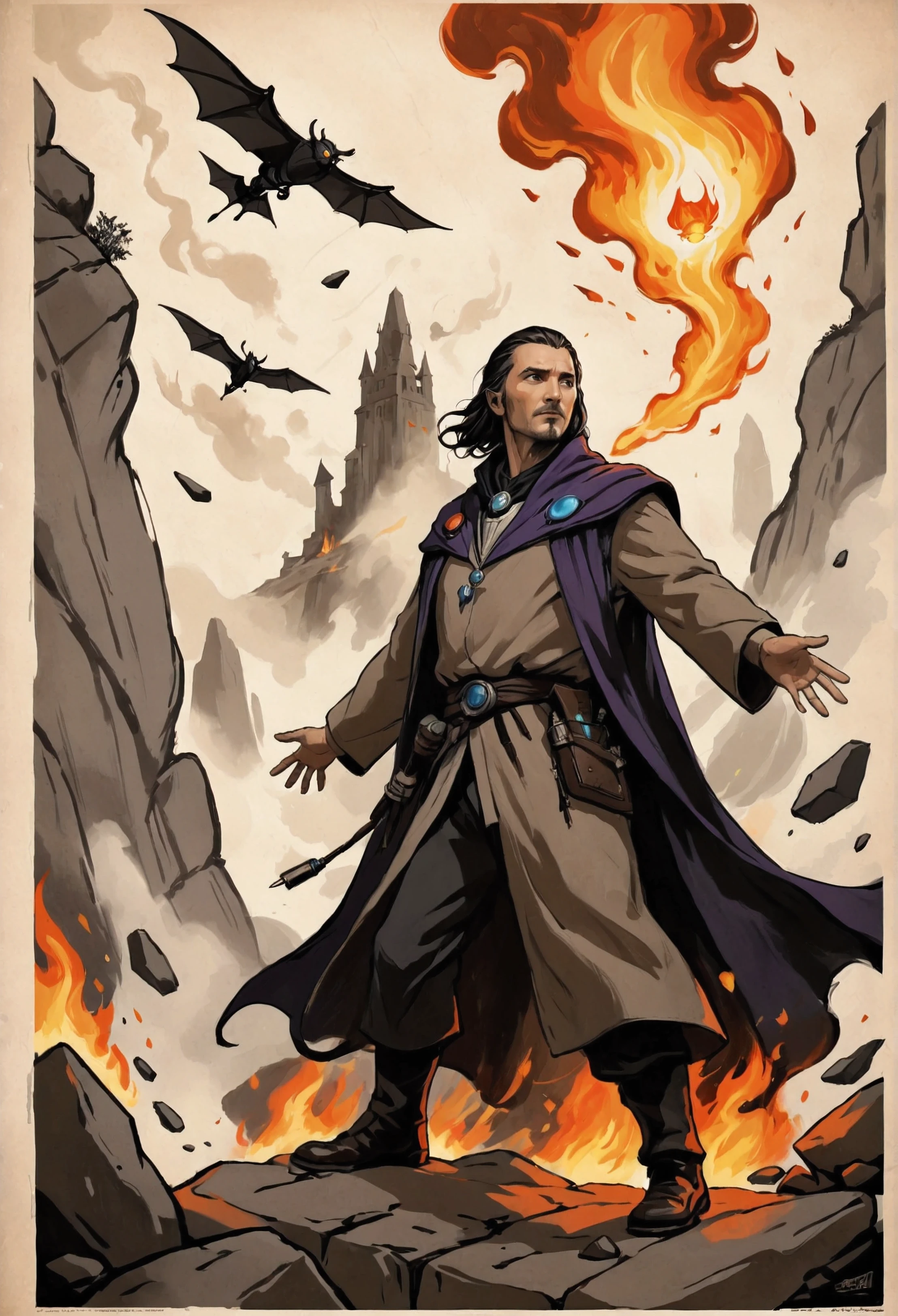 search poster , simple sketch on parchment , dark ink painting , detailed facial features , sci-fi landscape, movie poster , the dark sorcerer hangs in the air , fragments of walls and stones are flying around the magician, a blurred background of fire and smoke, cinematic , masterpiece fails