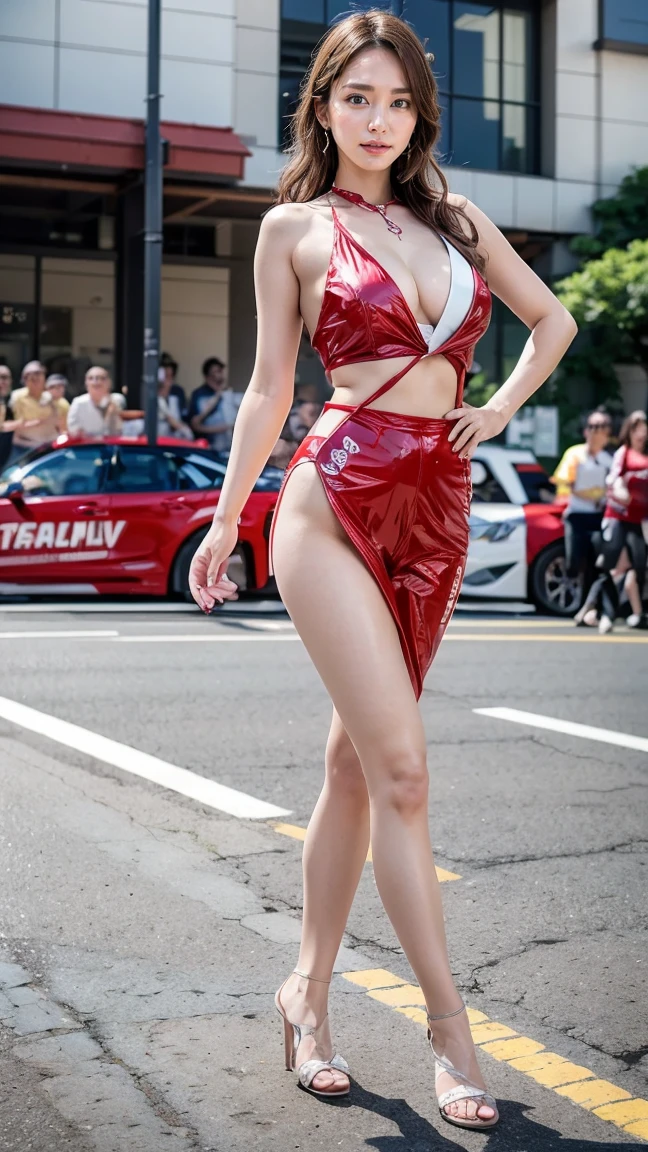 A beautiful Japanese woman, 20 years old, perfect anatomy, healthy thighs, beautiful legs, beautiful skin, random hair color, random hairstyle, large breasts, race queen, (race queen costume:1.3), zent, (she is standing:1.2), full body shot, high heels, racing circuit, (best quality,4k,8k, highres, masterpiece:1.3), (extremely detailed:1.2),photorealistic, cinematic lighting,HDR,professional photography, vivid colors, Yui Aragaki