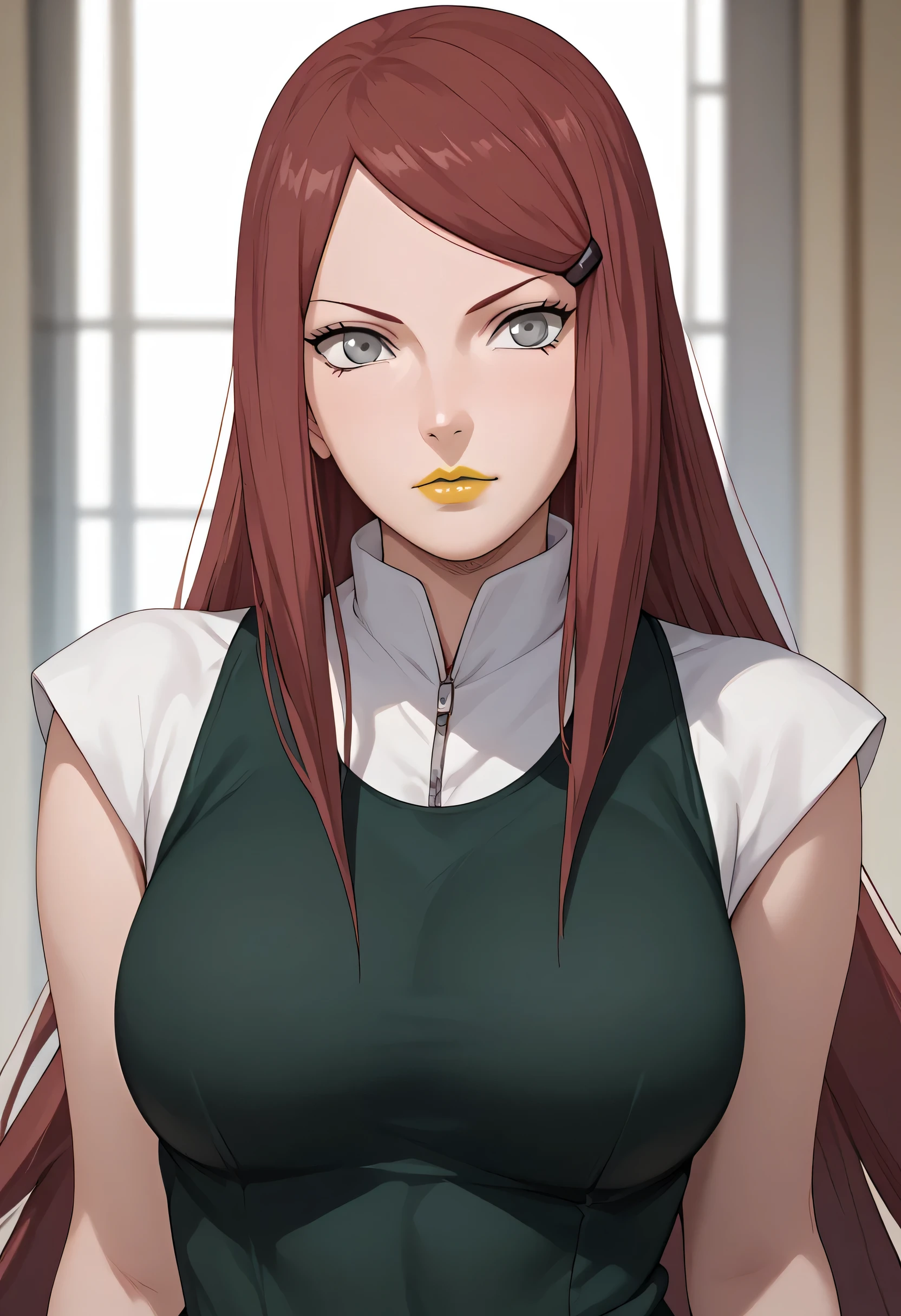 woman, white skin, gray eyes, long hair, Kushina Uzumaki, anime style, yellow lipstick, big breasts, red hair