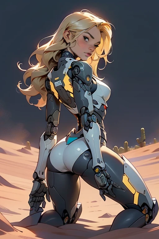 high quality, 4k, masterpiece, beautiful, cyborg girl, white design, supergirl insignia on her back, cowboy shot, dull blue eyes, back side, turning around to look at viewer, long blonde hair, girl, large  breasts, fit thigh, robotic arms, robotic body, cyborg body, red accent, redaccent, intricate detail, joint, detailed lines, robotic detail, 1fist on hip, color robotic parts, robotic parts with color, perfect fingers, on a desert planet, sunny background, colorful desert,