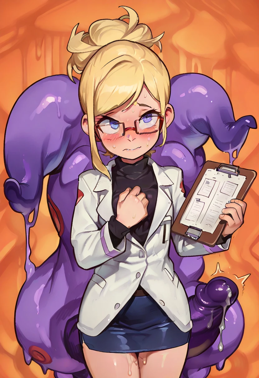 shy demure petite young blonde scientist, 1girl, solo, cute face, blushing, cute ponytail hairbuns, swept bangs, petite, tiny, labcoat, ((clutching clipboard against chest)), sci-fi sex laboratory background, huge beautiful blue eyes, tick-rimmed glasses, nervous, blush, cowboy shot, full-body shot, short pencil skirt, turtleneck, shy pose, ((tentacle monster pen in the background, huge equine cock-monster ejaculating in the distant background, dripping precum)), view from above