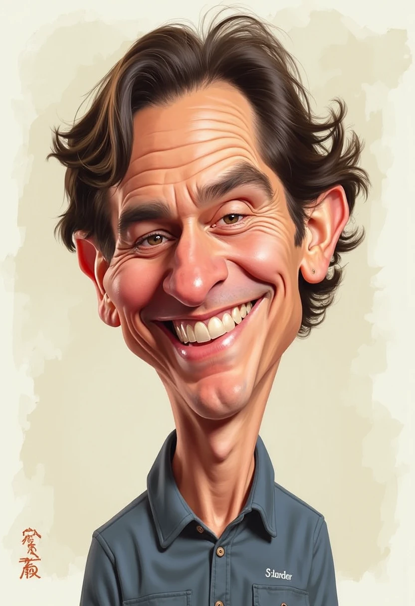 Create a cool, funny and trustworthy caricature ,  from the image while maintaining the facial features of the image 