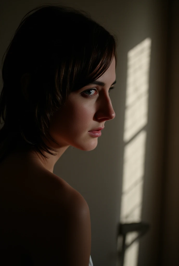 Phenomenal photographic portrait in the ruins. , canon 3.5mm, f1.6, of an average, very slim and Spanish, ethereal woman about looking into the camera. Her face is partially lit and her gaze on the viewer is full of tension. There is semi-darkness, but sunlight enters the room and illuminates the right side of her face. The light is found, low key, set to a wide F1.5 aperture, .  Rays of light, strong chiaroscuro, rembrandt light