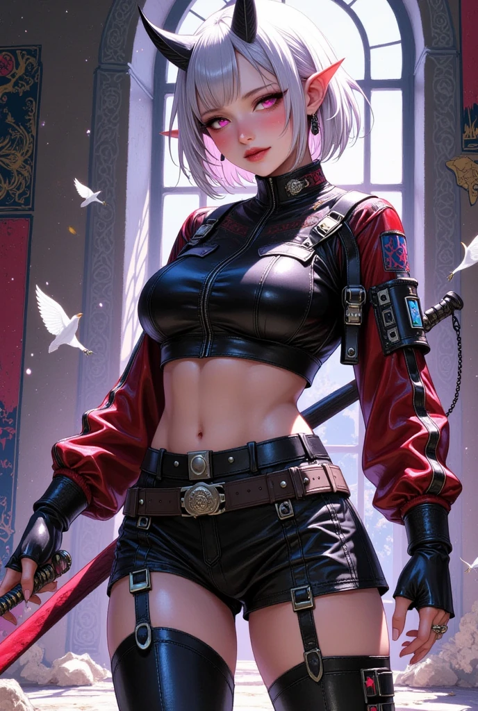 ((UHD, masterpiece, anatomically correct, textured skin, super detail, high details, best quality,  highres icon, Detailed and precise manual expression:1.3,  Incredibly Absurd )), 1woman\Beautiful white short hair\Ruby-red eyes, Voluptuous body line\Brown skin:1.3, shining in the light\, Elf long ears, Tight military uniform, mini skirt, Sabre on waist, Black long boots, Beret