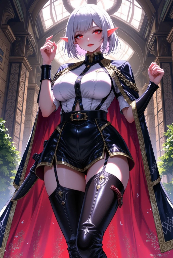 ((UHD, masterpiece, anatomically correct, textured skin, super detail, high details, best quality,  highres icon, Detailed and precise manual expression:1.3,  Incredibly Absurd )), 1woman\Beautiful white short hair\Ruby-red eyes, Voluptuous body line\Brown skin:1.3, shining in the light\, Elf long ears, Tight military uniform, mini skirt, Sabre on waist, Black long boots, Beret