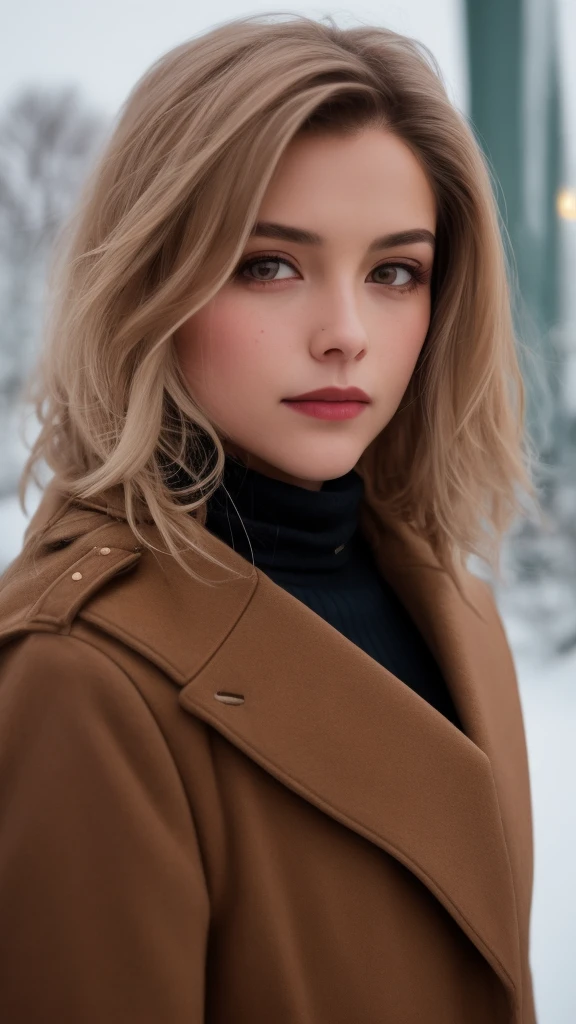 photo of (ansm1th:0.99), a woman, RAW, close portrait photo, long brown coat, turtleneck, long haircut, slim body, (high detailed skin:1.2), 8k uhd, dslr, soft lighting, high quality, film grain, Fujifilm XT3 sharp focus, f 5.6