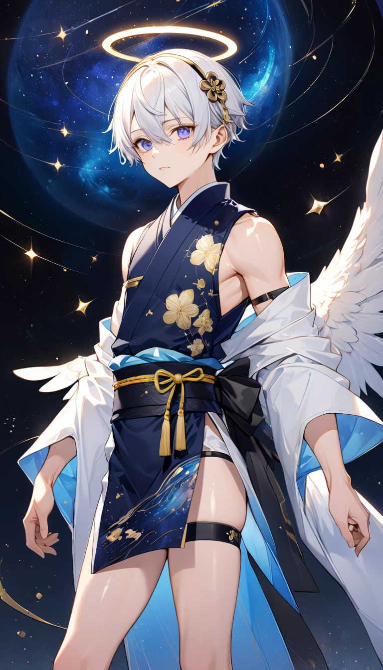 Fresh illustration,
Ultra-fine drawing,
Very delicate illustration,
Very fine details,
One boy,
Full body,
Standing motionless,
Both arms slightly bald,
Height 158cm,
Fair skin,
Right eye is purple,
Left eye is blue,
Odd eyes,
Heterochromie iris,
Beautiful eyes,
Large black pupils,
Short hair,
Blue roots and white hair elsewhere,
Hair with a gradient,
Shiny hair,
Cute face,
Pretty face,
A shining angel halo on the back of the head,
Raised eyebrows,
Upper body in kimono,
Upper body in traditional Japanese clothing,
Masculine build,
Six pack,
Very small breasts,
No breasts,
Lower body in Chinese dress,
Black obi,
Overall white clothes,
Tastefully embroidered with gold thread ,
Clothes with a high-quality texture,
Jock straps,
Thigh straps,
Thigh straps digging into the skin,
White long boots,
Japanese-style toes,
Number of fingers and toes: 5,
Thin waist,
Thin legs,
Isometric,
Golden ratio,
Divine atmosphere,
Wearing an indigo-colored stand-up collared inner,
Outer space,
Galaxy,
Countless small stars,
Tactical use of shadows,
Hairbands on head and hair do not extend beyond the frame,
Clothes do not extend beyond the frame,