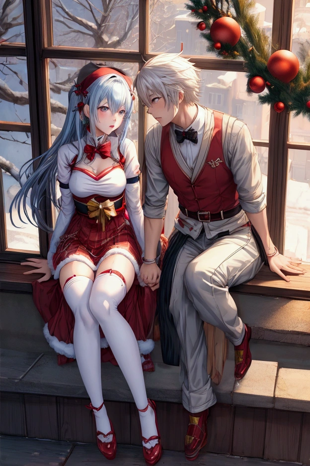 A boy with light blue hair height 1.84 date clothes kissing girl with wavy platinum white hair with crimson red eyes height 1.70s with fox breed quote clothes